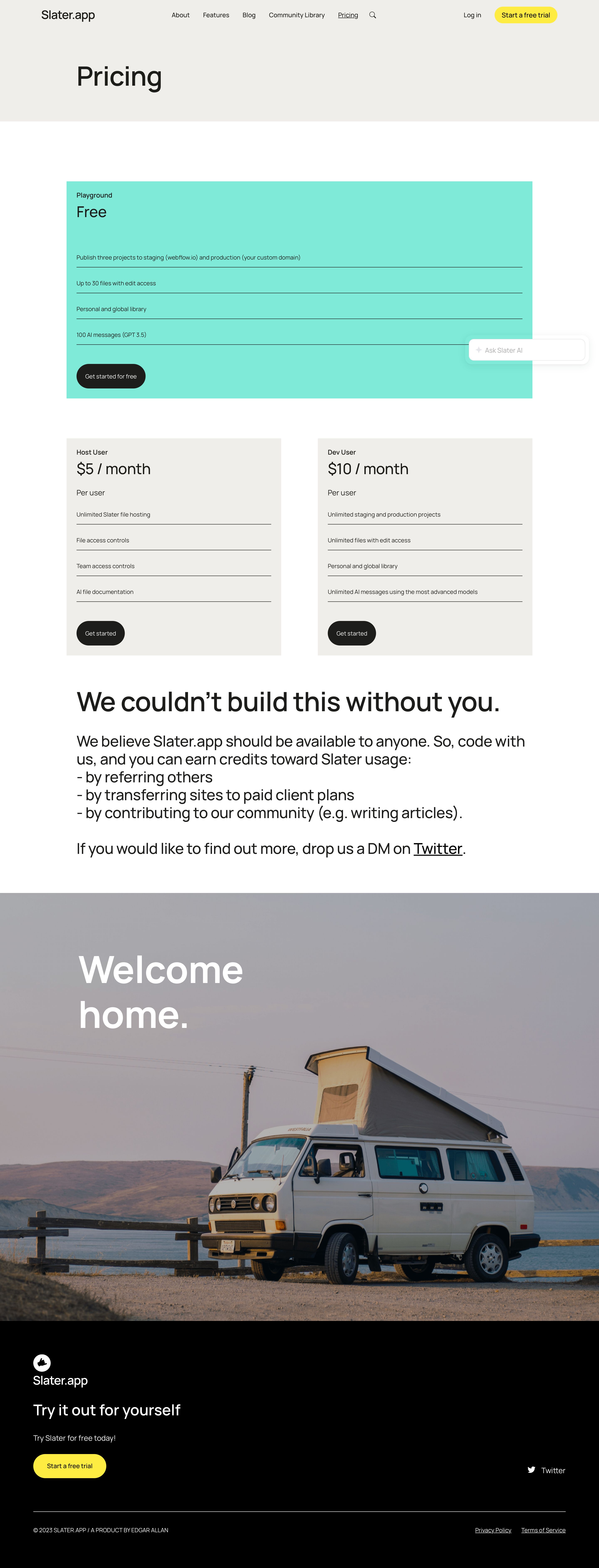 slater.app - Pricing | Slater | AI Custom Code Tool For Webflow Projects - Desktop Screenshot