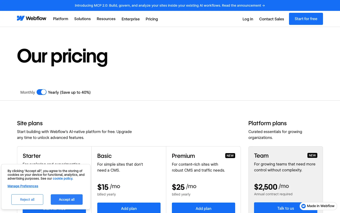 webflow.com - Pricing Screenshot Preview