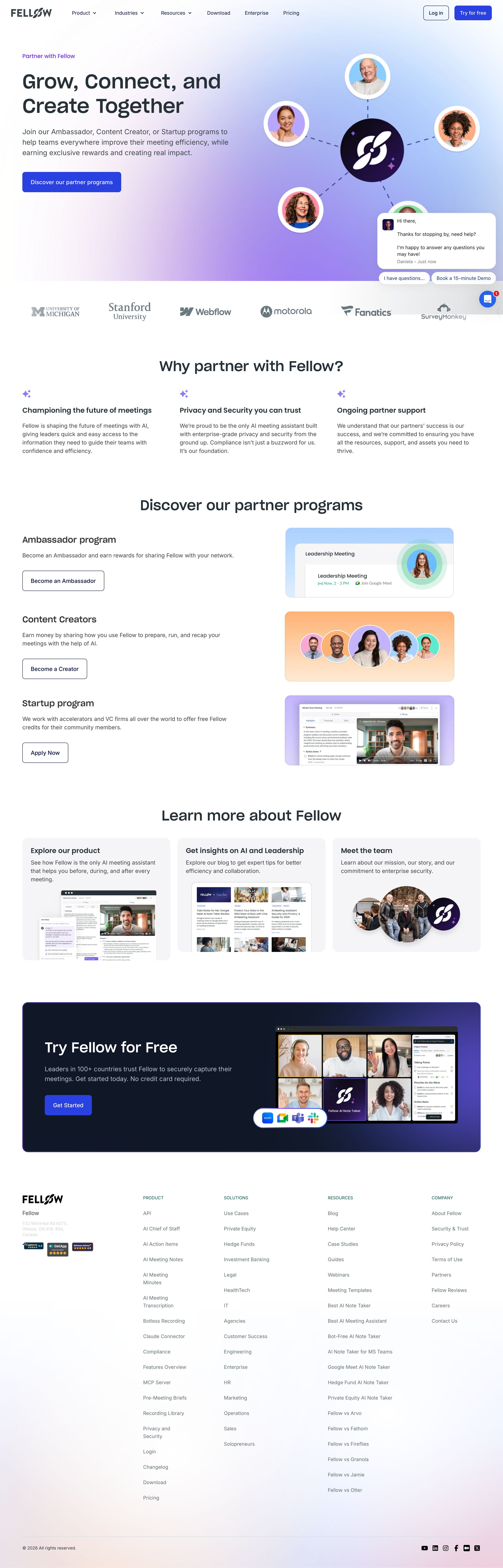 fellow.app - Partner with Fellow | Ambassadors, Creators, and Startups - Desktop - Sun Aug 02 2026 10:46:20 GMT+0000 (Coordinated Universal Time) Screenshot