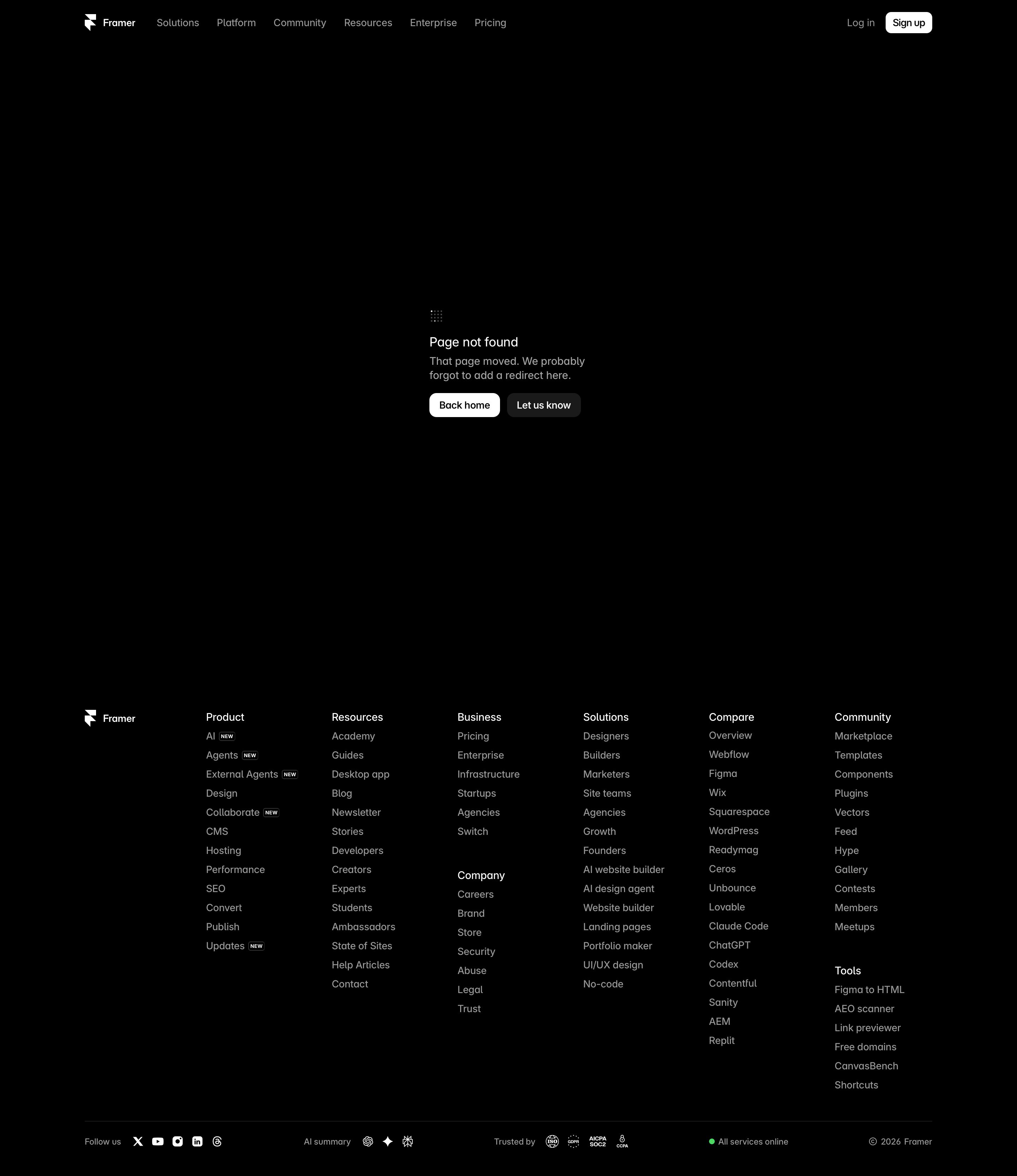 framer.com - Framer: 404 page not found - Desktop - Tue Aug 04 2026 11:51:14 GMT+0000 (Coordinated Universal Time) Screenshot
