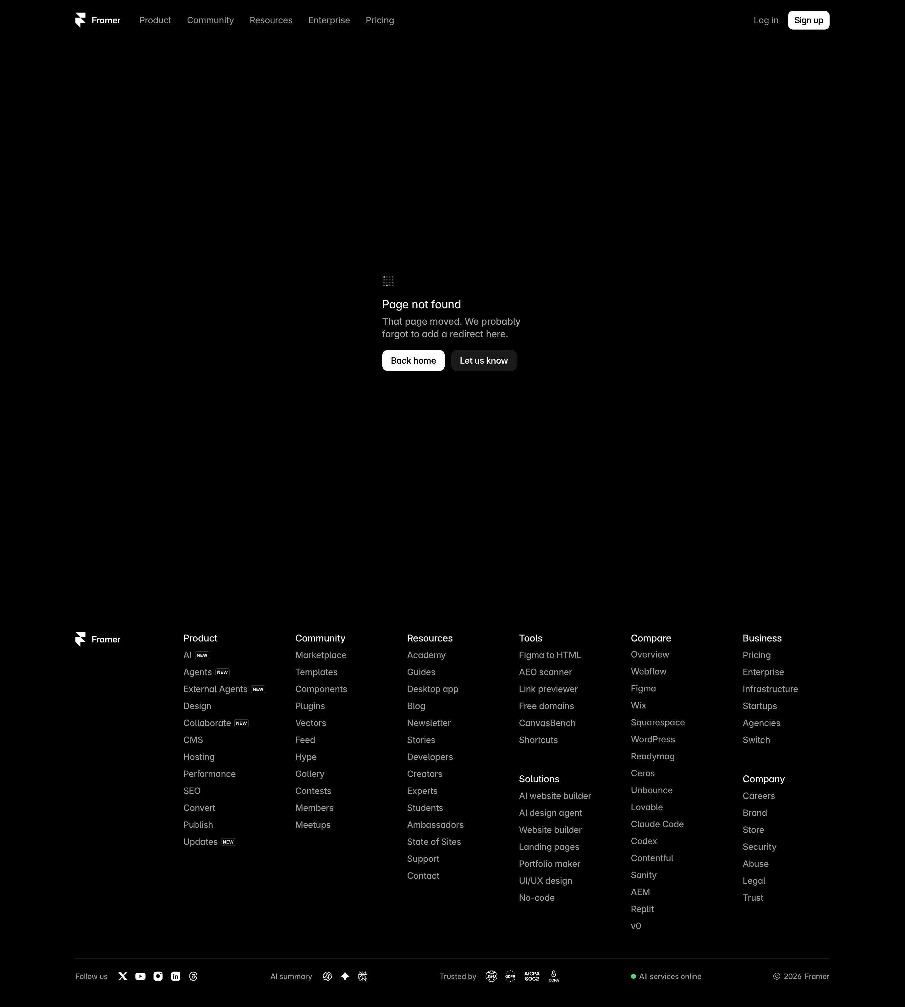 framer.com - Framer: 404 page not found - Desktop - Tue Jul 28 2026 11:51:02 GMT+0000 (Coordinated Universal Time) Screenshot