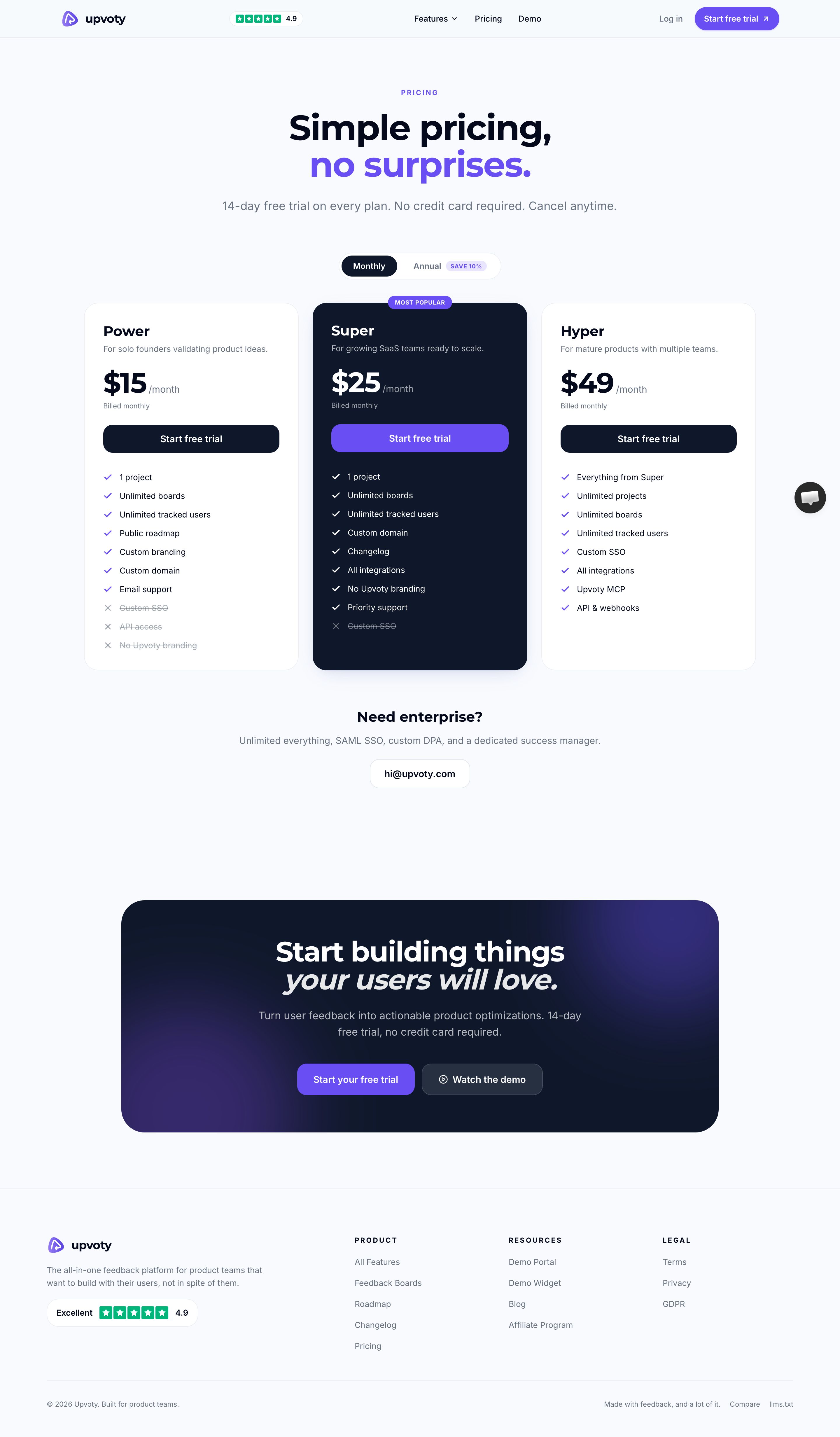 upvoty.com - Pricing: Upvoty - Desktop - Wed Jul 29 2026 20:20:29 GMT+0000 (Coordinated Universal Time) Screenshot