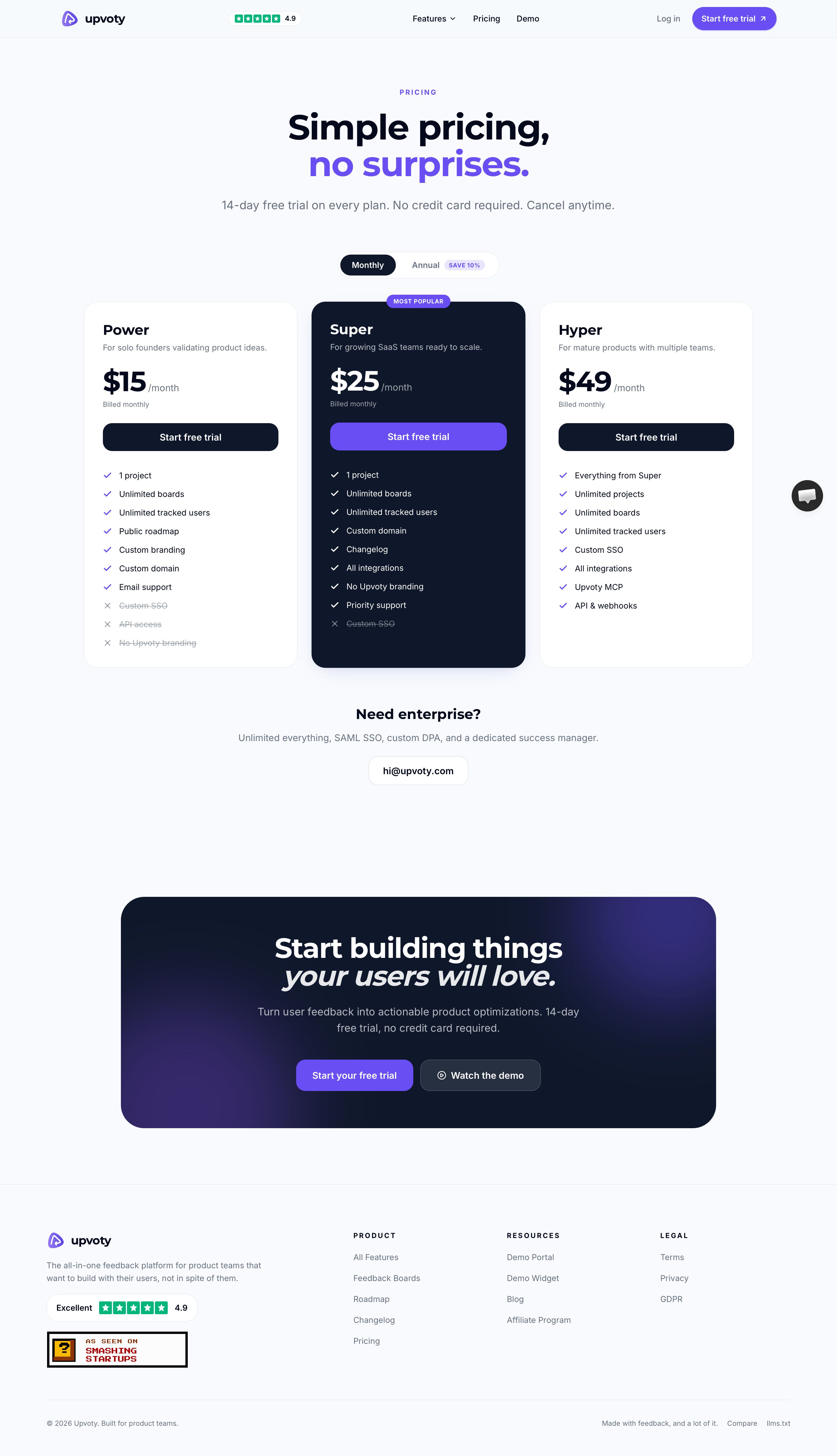 upvoty.com - Pricing: Upvoty - Desktop Screenshot