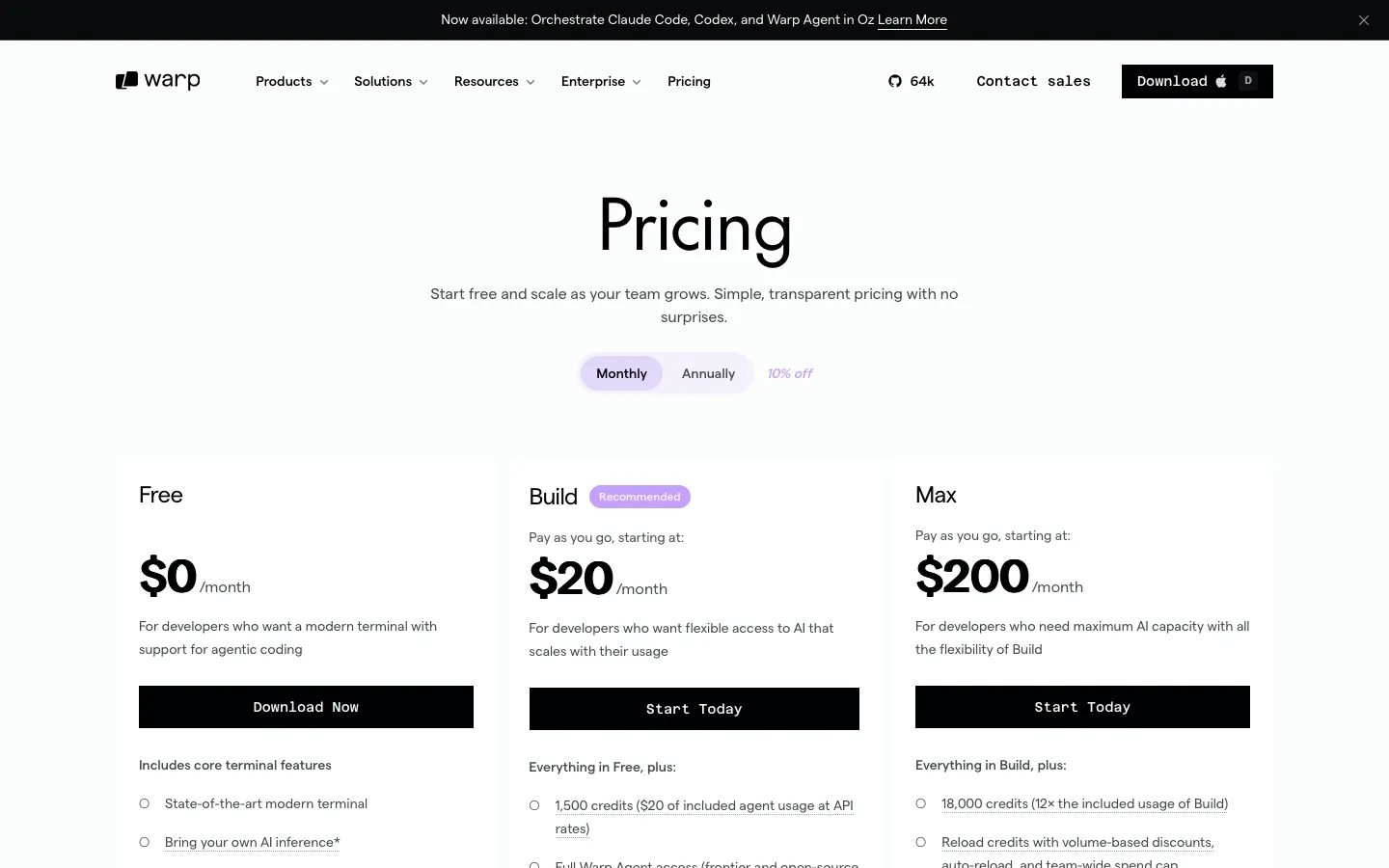 warp.dev - Pricing Screenshot Preview