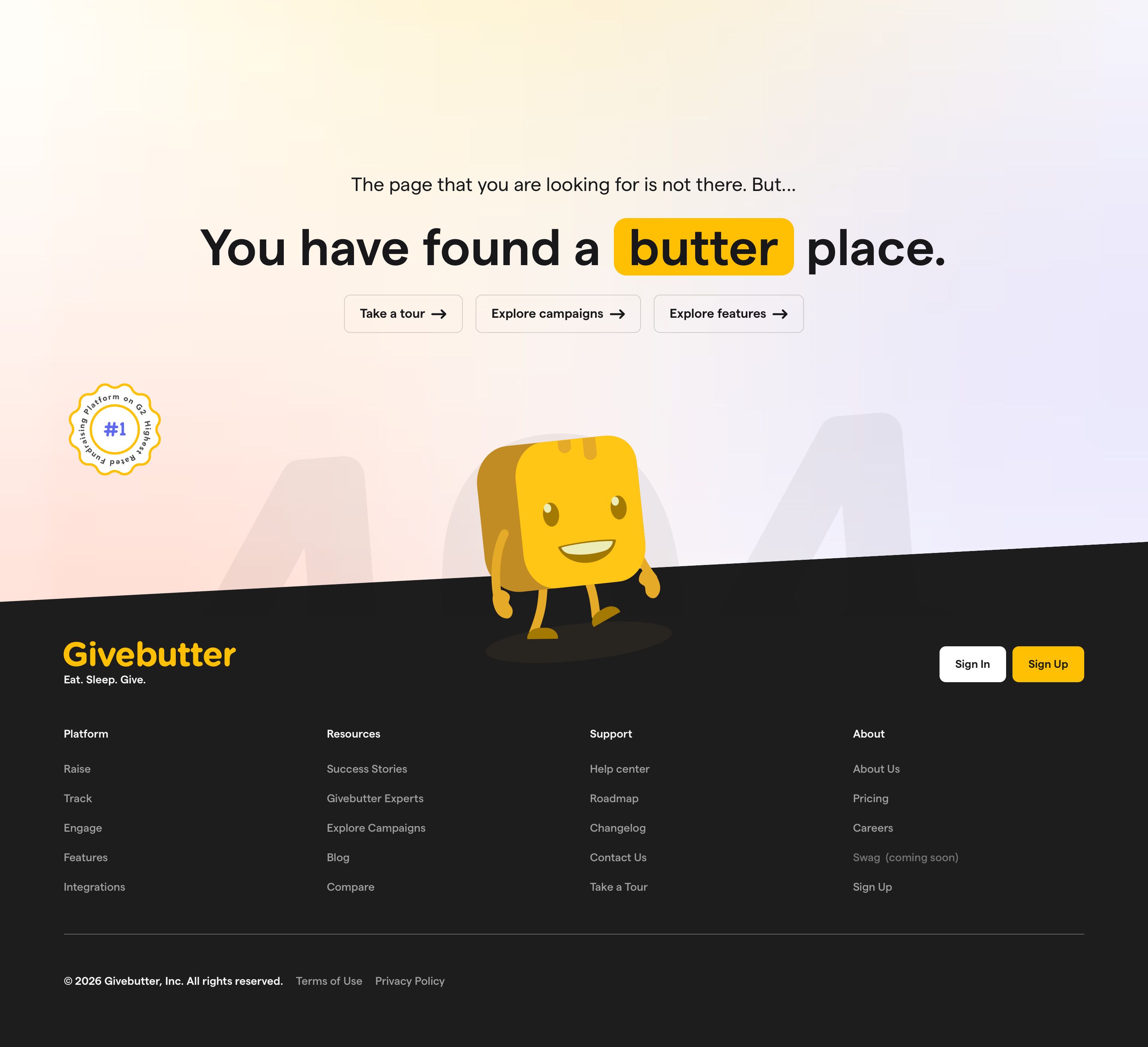 givebutter.com - Butter 404 - Desktop - Thu Jul 30 2026 12:33:18 GMT+0000 (Coordinated Universal Time) Screenshot