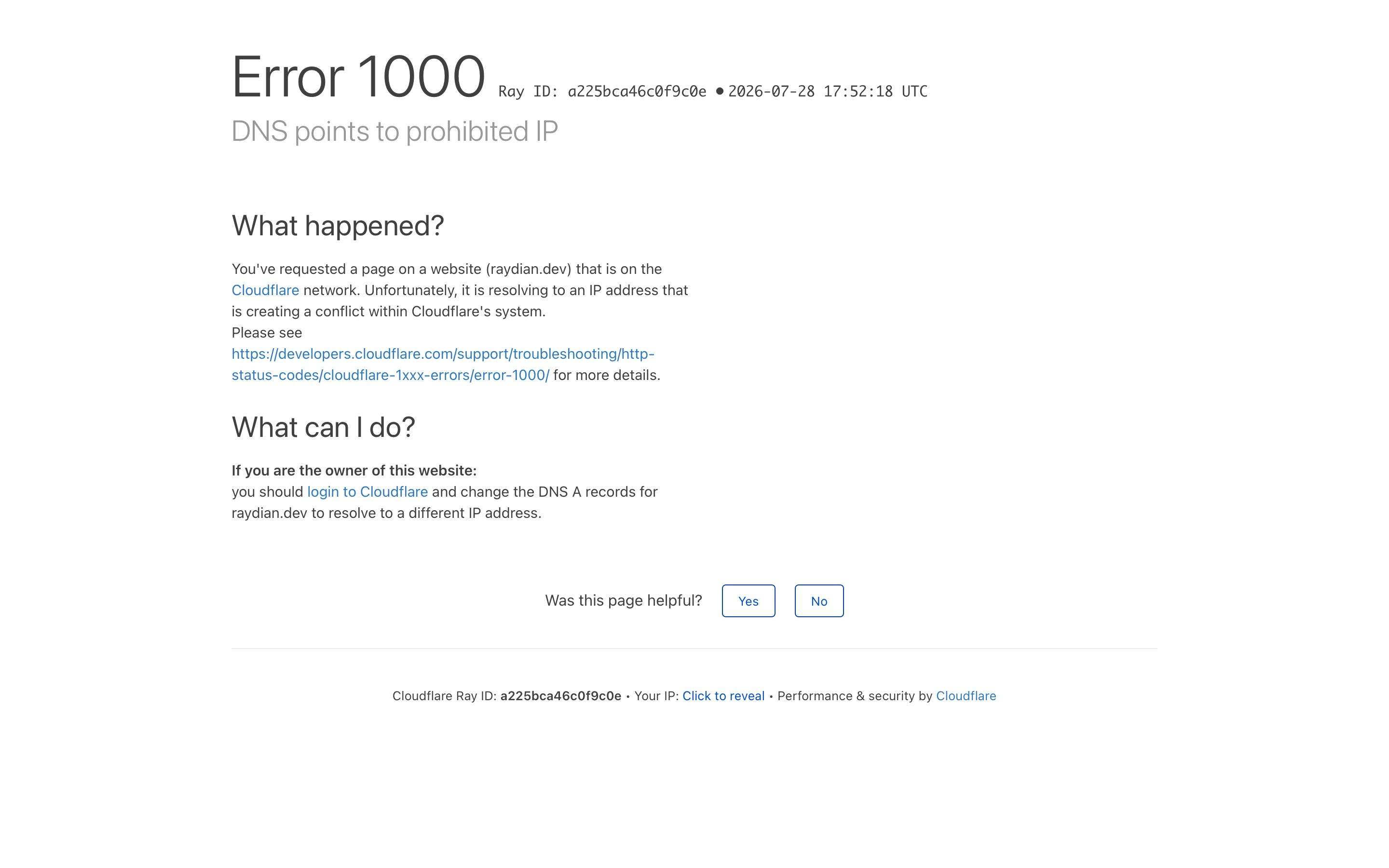 raydian.dev - DNS points to prohibited IP | raydian.dev | Cloudflare - Desktop - Tue Jul 28 2026 17:53:17 GMT+0000 (Coordinated Universal Time) Screenshot