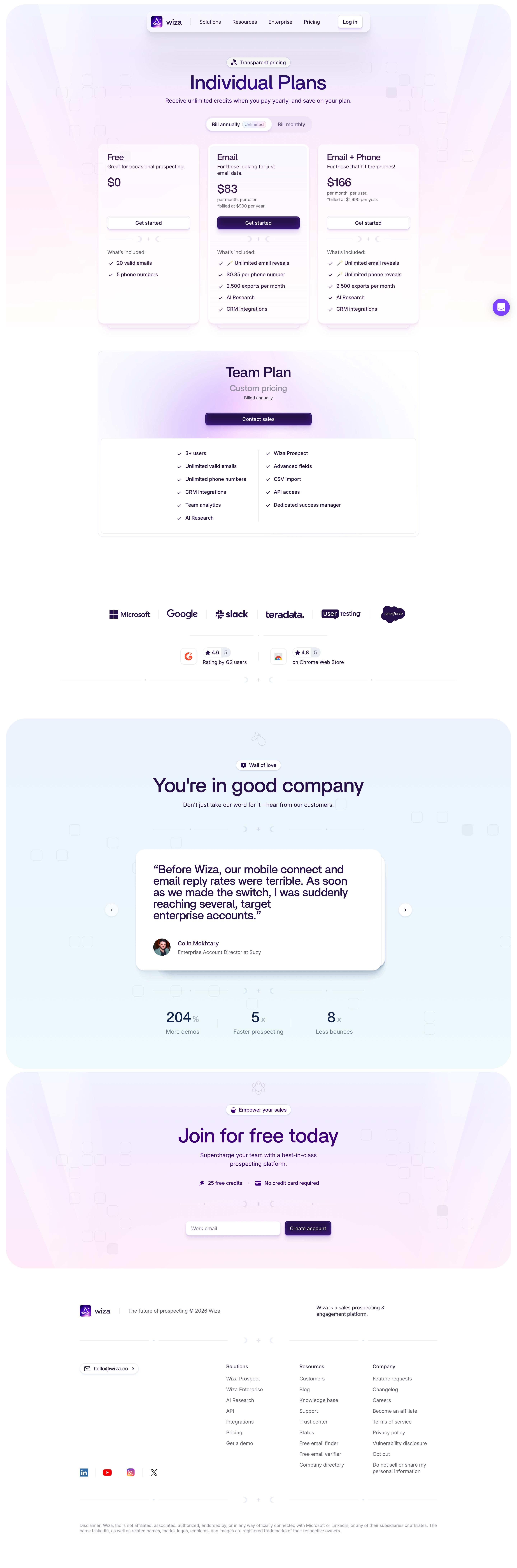 wiza.co - Compare Pricing Plans | Wiza - Desktop - Tue Jul 28 2026 21:13:25 GMT+0000 (Coordinated Universal Time) Screenshot