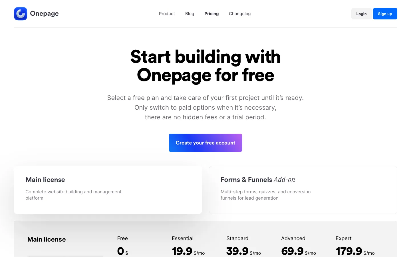 onepage.io - Pricing Screenshot Preview