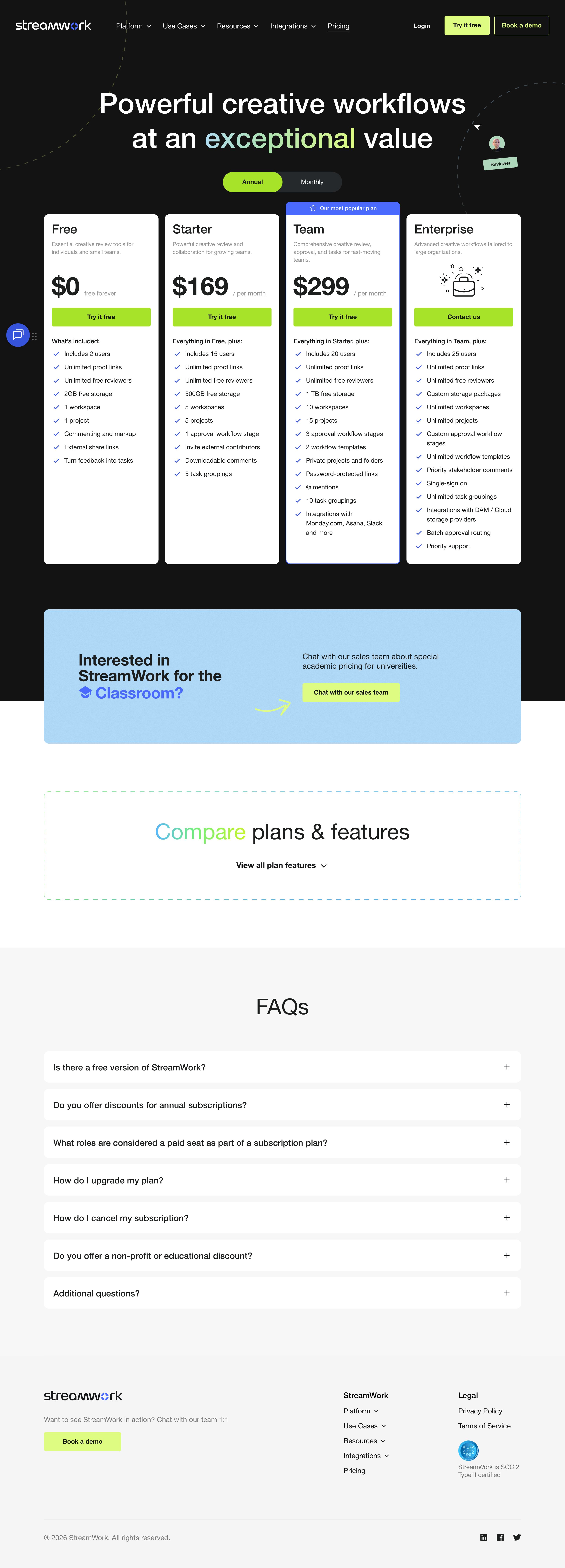streamwork.com - Plans & Pricing for StreamWork's Creative Project Management Software - Desktop Screenshot