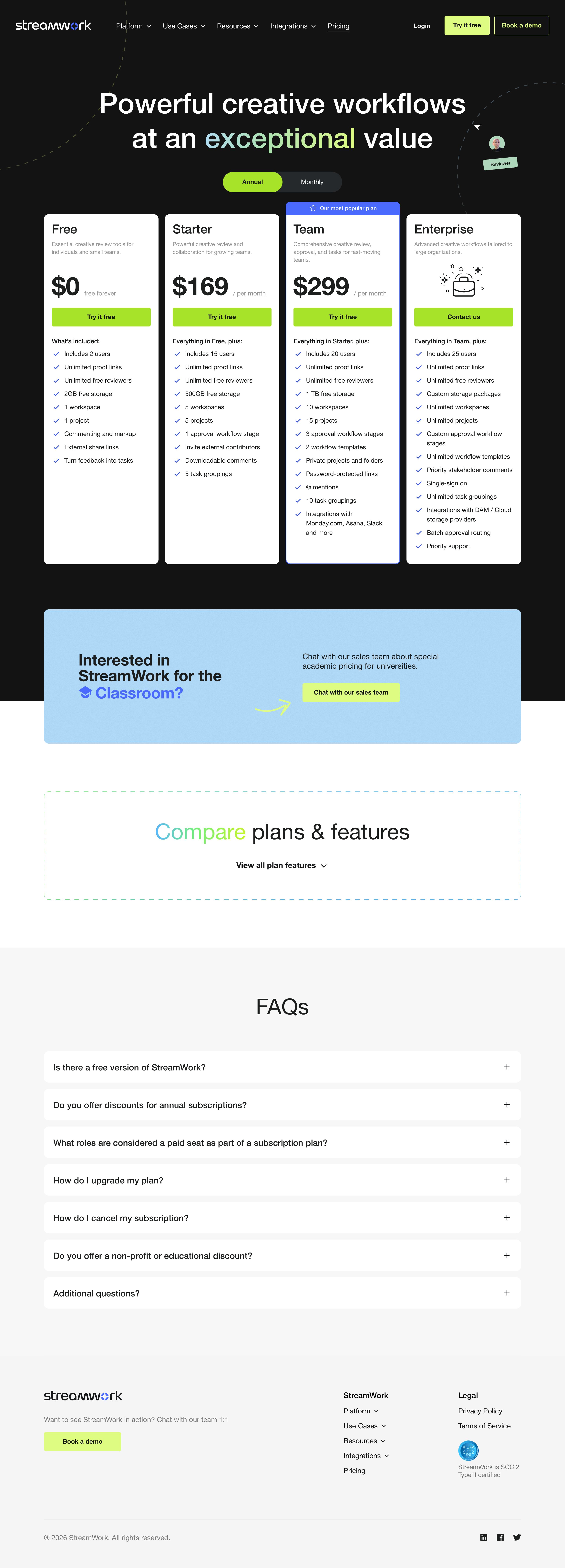 streamwork.com - Plans & Pricing for StreamWork's Creative Project Management Software - Desktop - Tue Jul 28 2026 22:04:41 GMT+0000 (Coordinated Universal Time) Screenshot