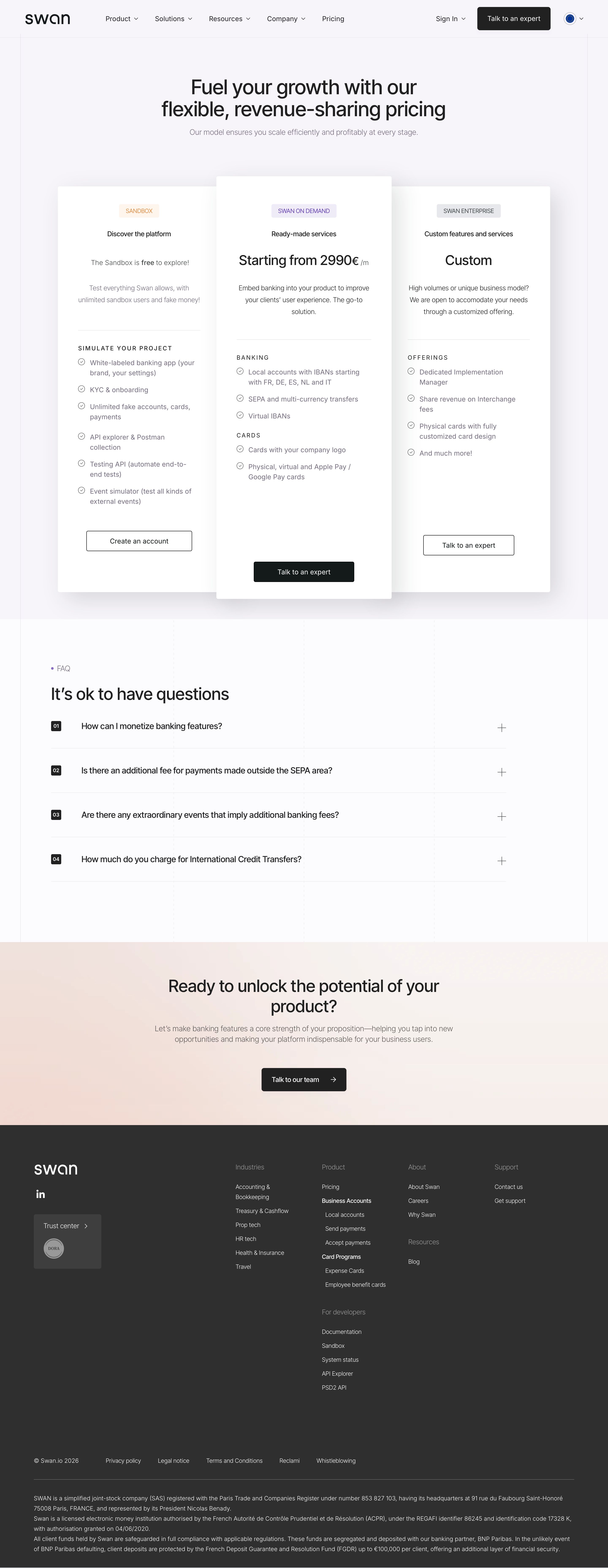 swan.io - Pricing - Swan - Desktop Screenshot