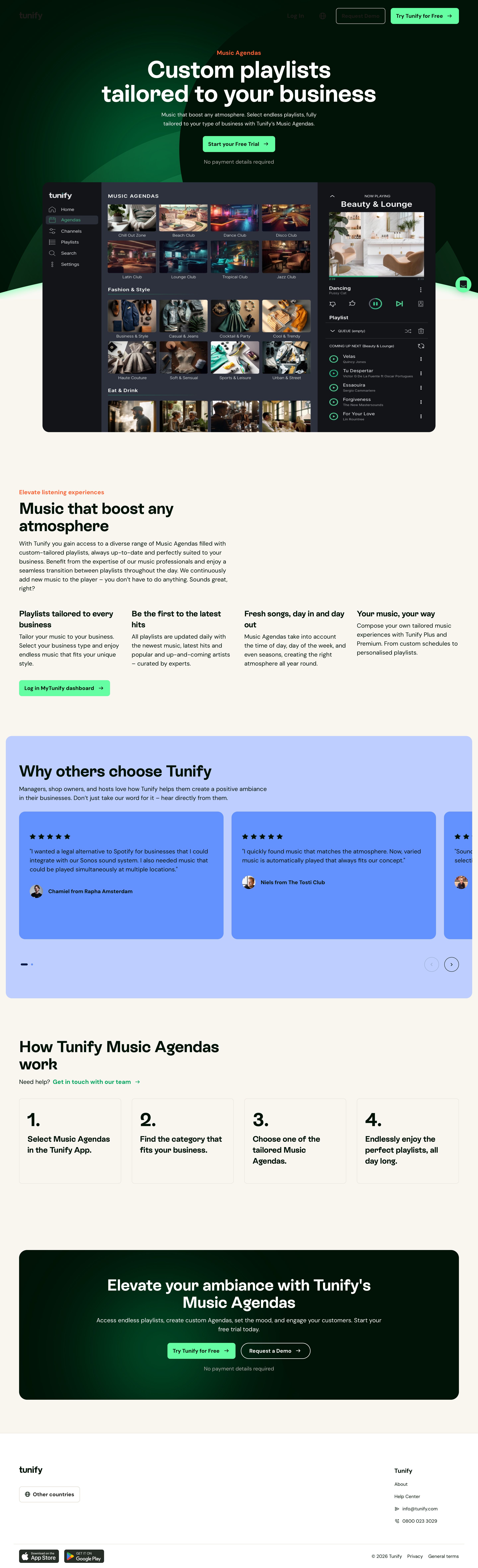 tunify.com - Music Agendas • Tunify • Legal music streaming for your business - Desktop - Wed Jul 29 2026 21:26:27 GMT+0000 (Coordinated Universal Time) Screenshot