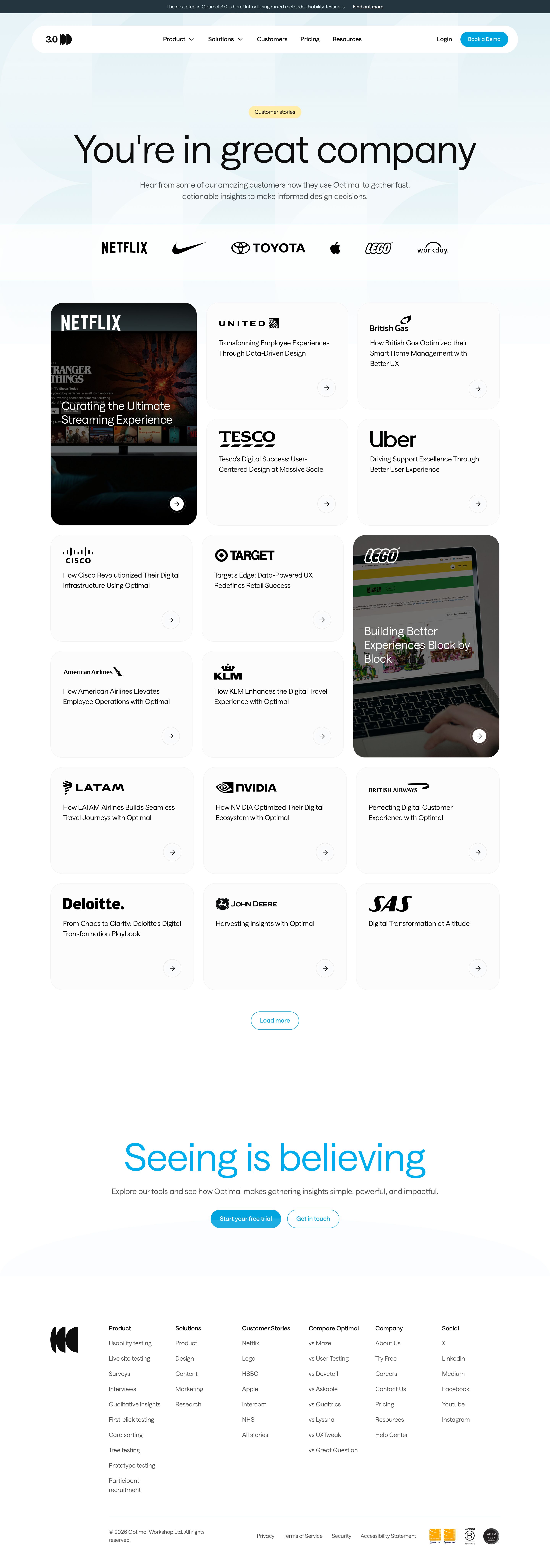 optimalworkshop.com - Customer Stories | Optimal User Insight Platform - Desktop - Sat Aug 01 2026 23:38:19 GMT+0000 (Coordinated Universal Time) Screenshot