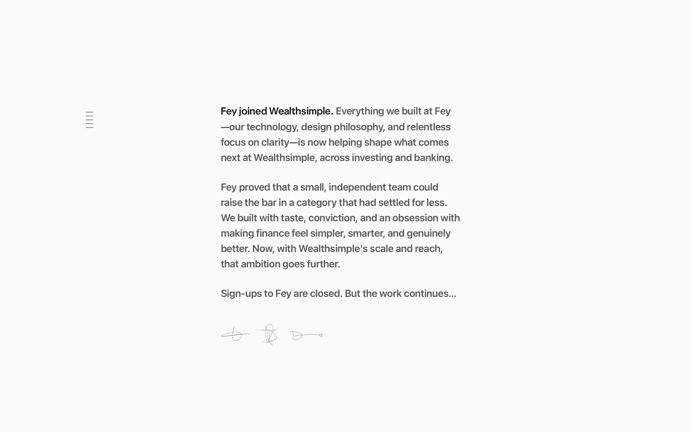 fey.com - Fey joined Wealthsimple - Desktop - Sat Aug 01 2026 04:08:08 GMT+0000 (Coordinated Universal Time) Screenshot