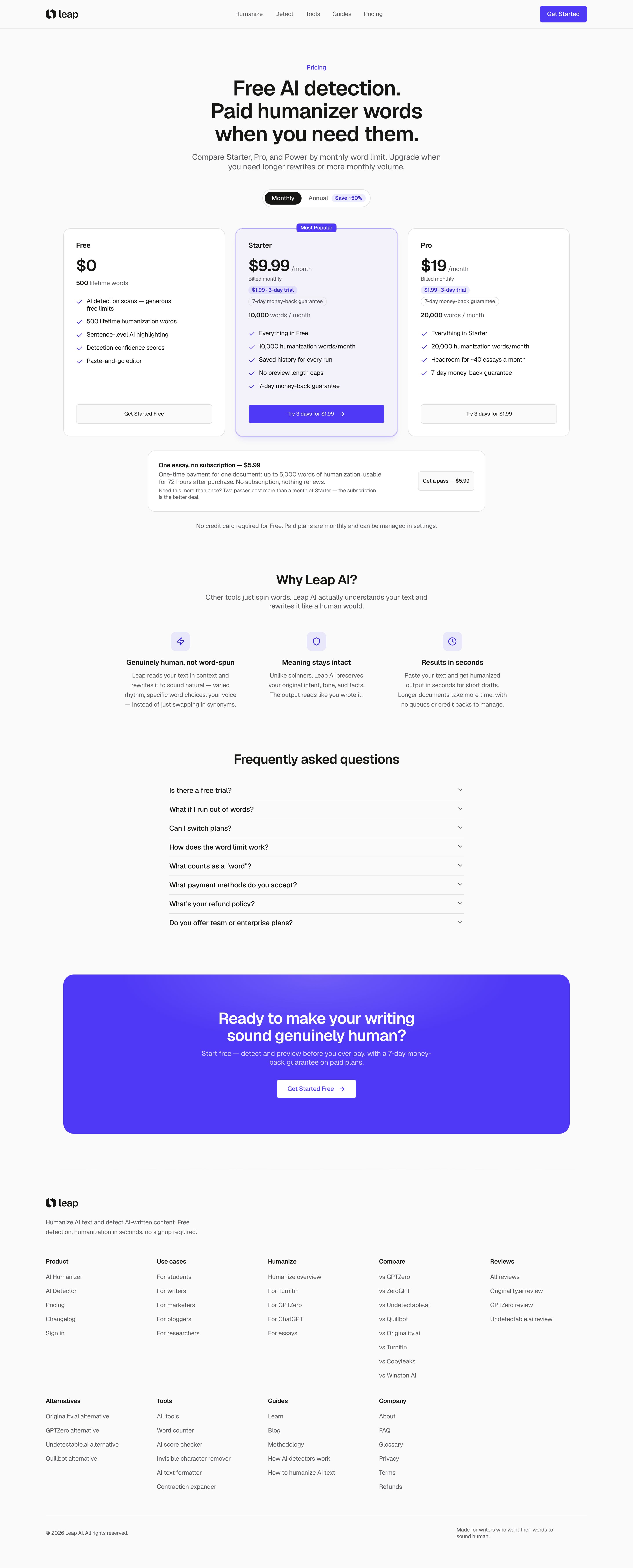 tryleap.ai - Leap AI Pricing: Free Detector, Humanizer Plans, and Word Limits | Leap AI - Desktop - Fri Jul 31 2026 15:49:21 GMT+0000 (Coordinated Universal Time) Screenshot