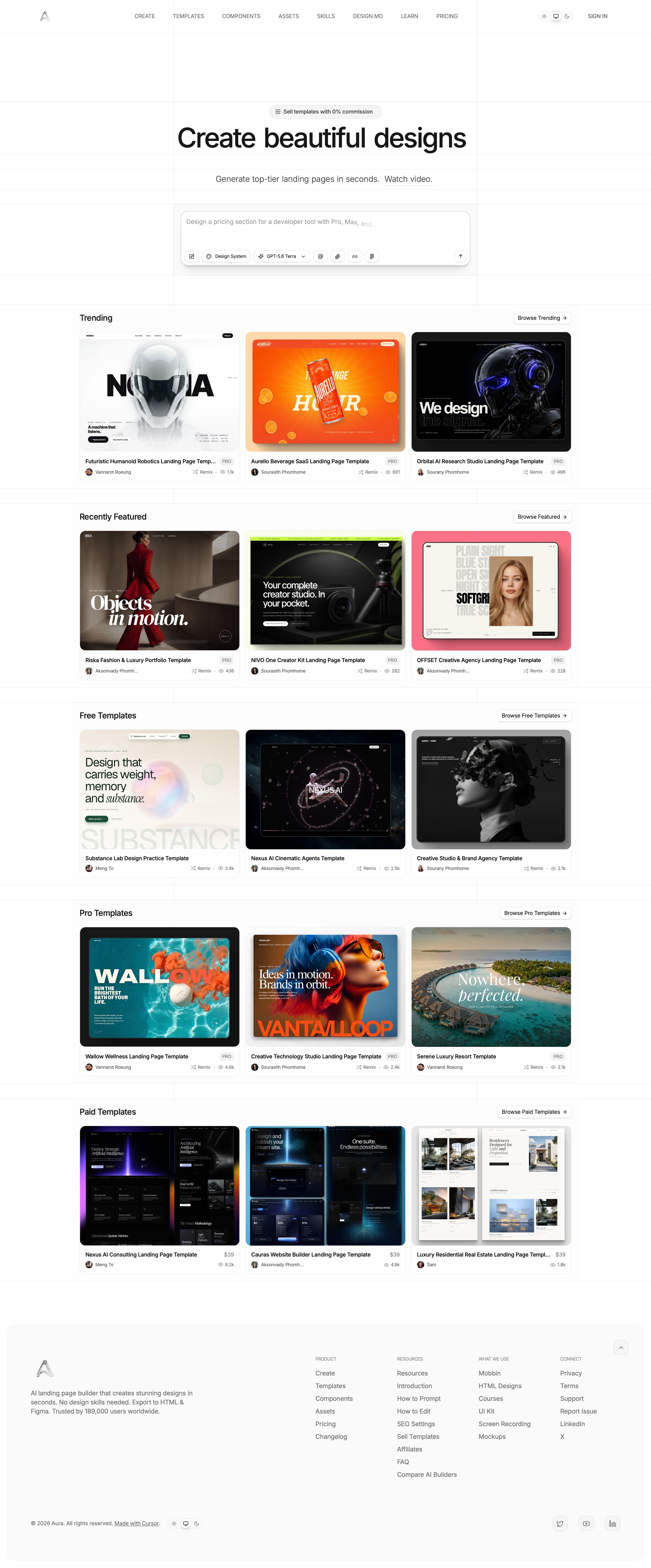 aurachat.io - Create Beautiful Landing Pages with AI | Aura - Desktop - Thu Jul 30 2026 07:21:41 GMT+0000 (Coordinated Universal Time) Screenshot