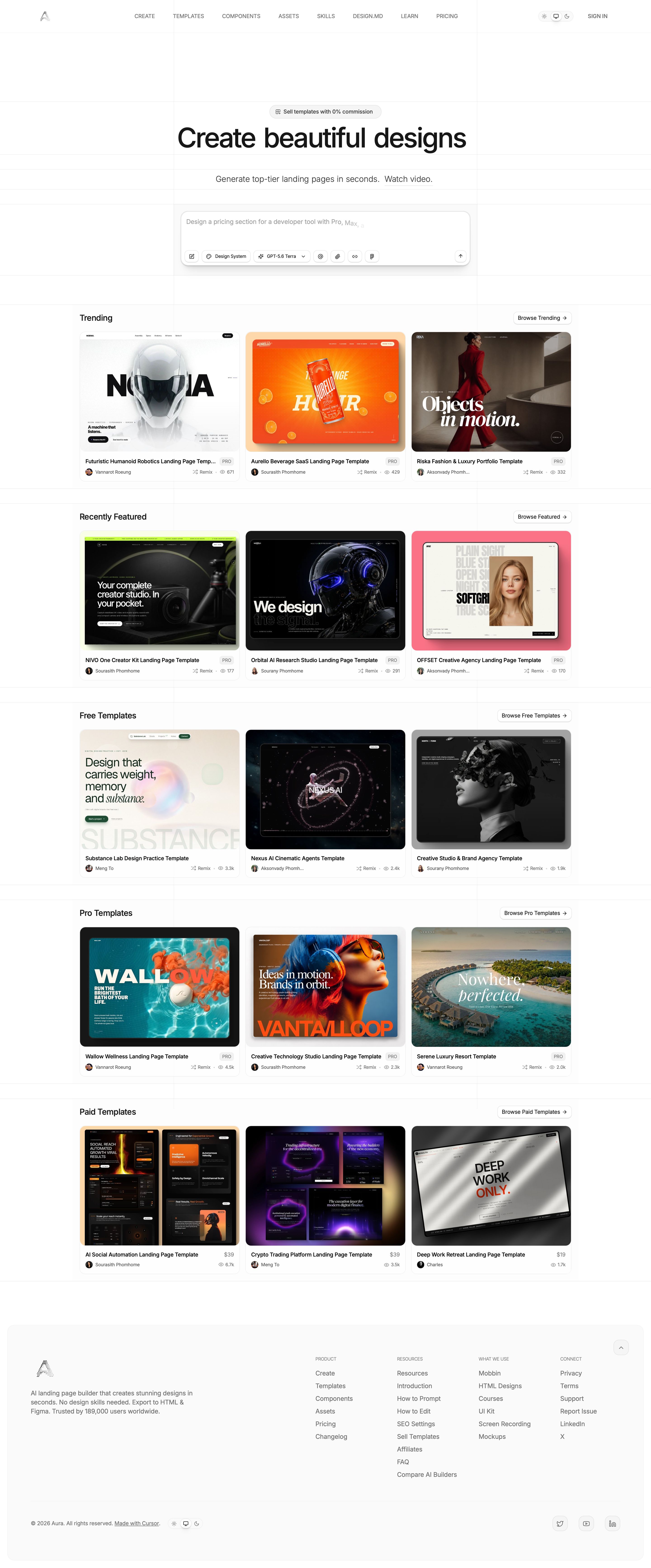 aurachat.io - Create Beautiful Landing Pages with AI | Aura - Desktop Screenshot