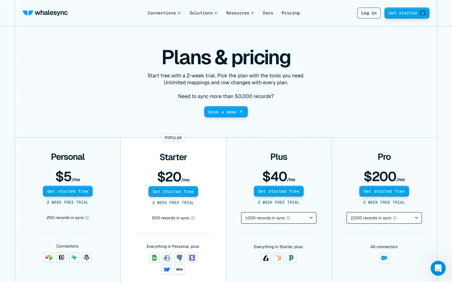whalesync.com - Pricing Screenshot Preview