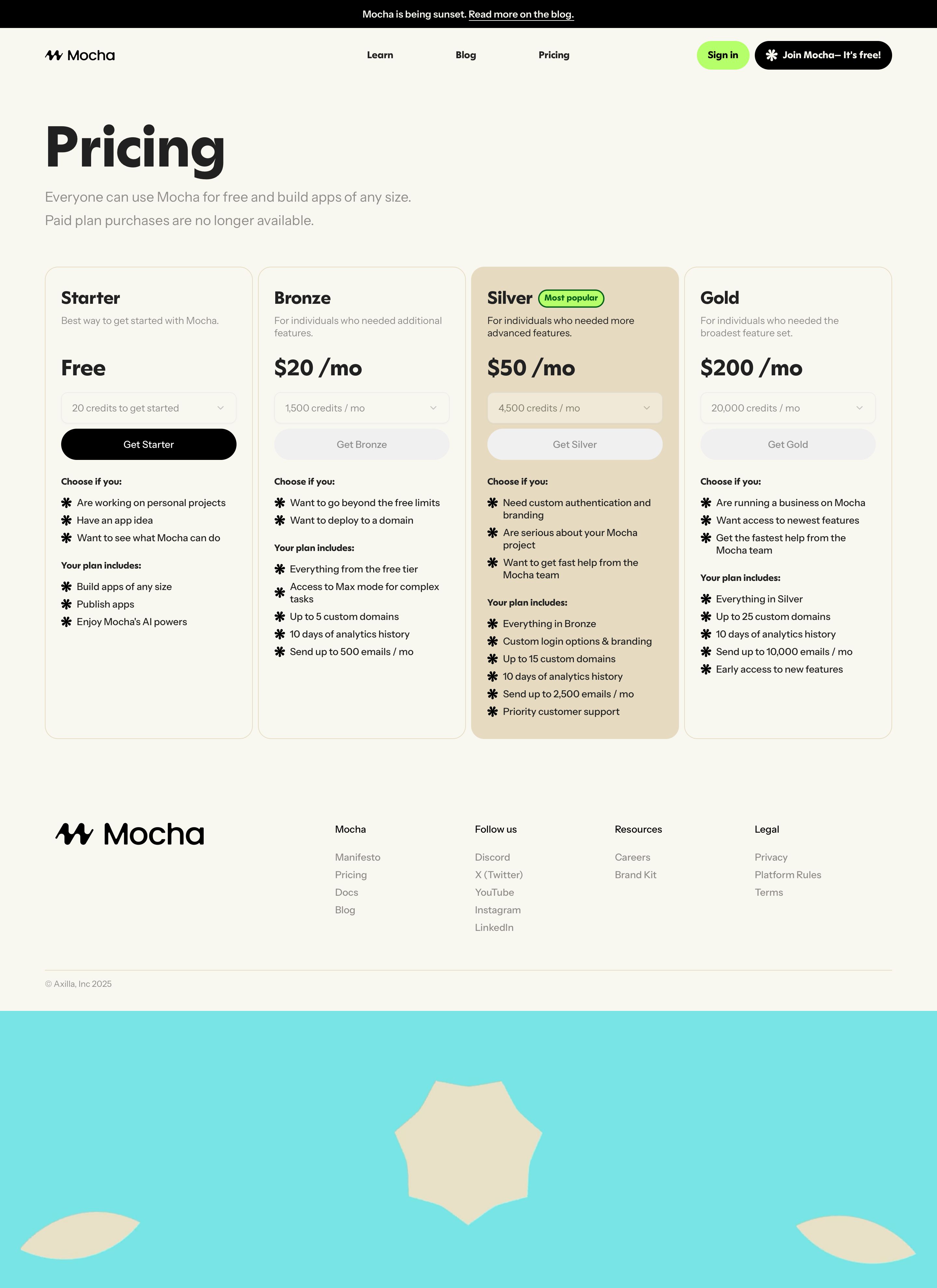 getmocha.com - Mocha Pricing: Affordable AI App Building Plans - Desktop - Tue Aug 04 2026 23:32:16 GMT+0000 (Coordinated Universal Time) Screenshot