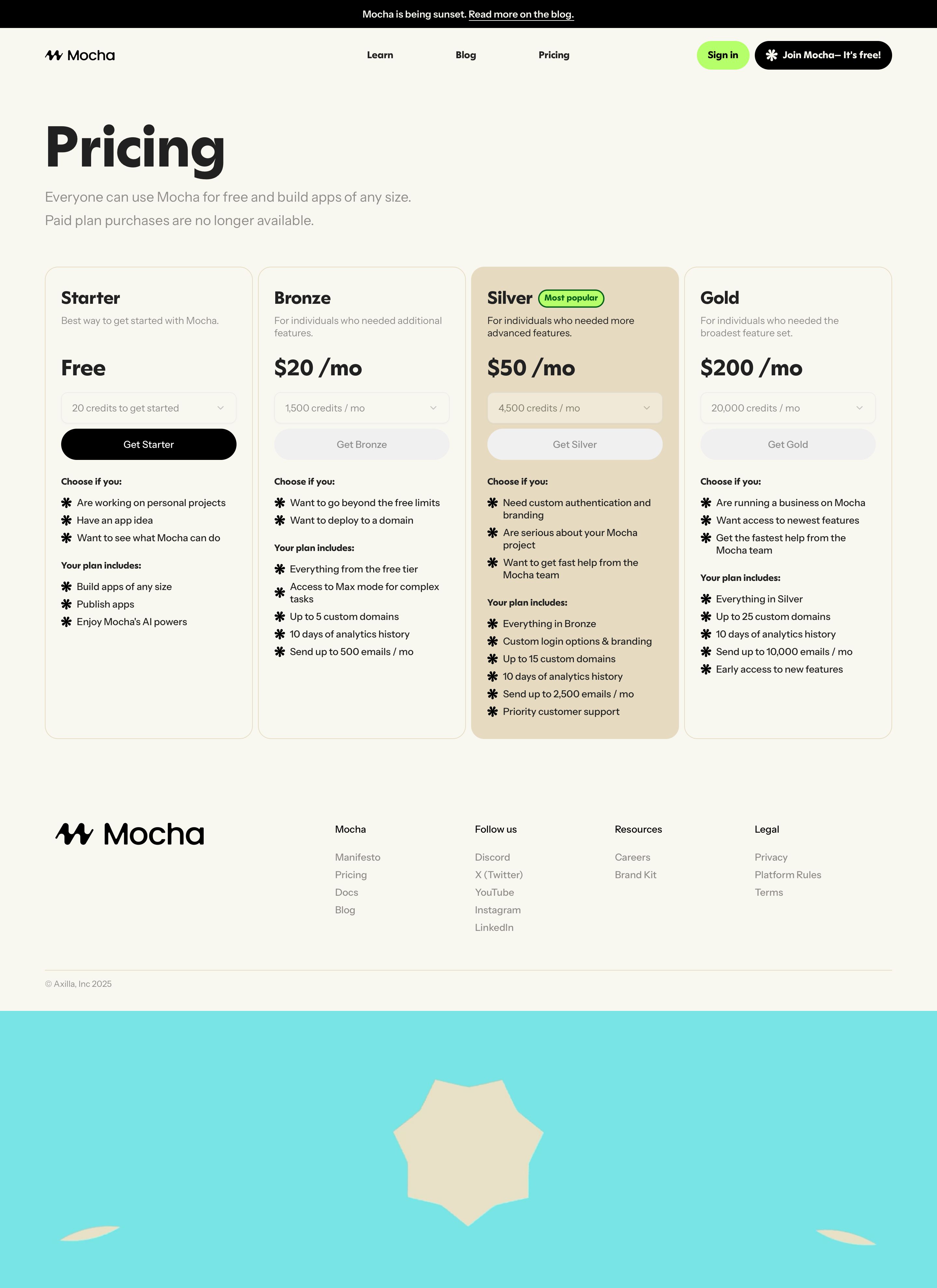 getmocha.com - Mocha Pricing: Affordable AI App Building Plans - Desktop - Tue Jul 28 2026 23:32:21 GMT+0000 (Coordinated Universal Time) Screenshot