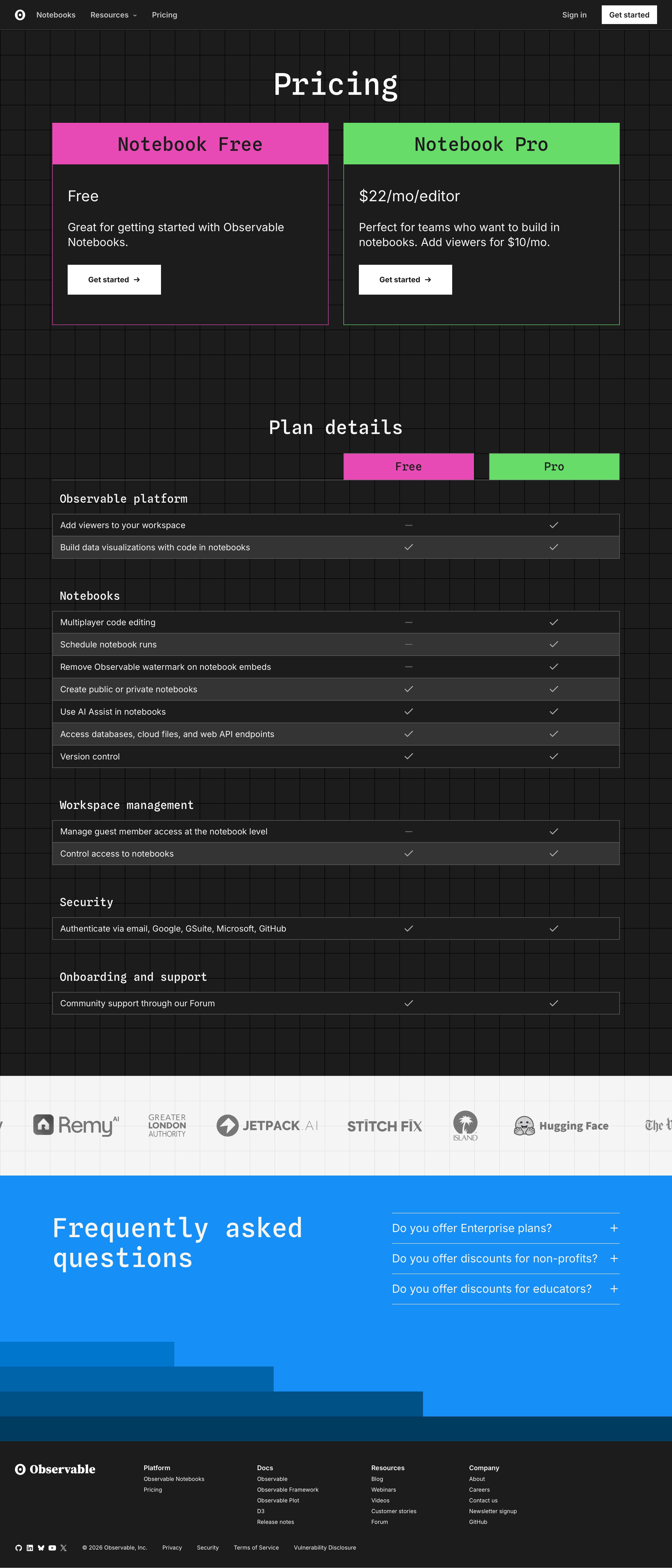 observablehq.com - Pricing for teams | Observable - Desktop - Mon Jul 27 2026 23:30:48 GMT+0000 (Coordinated Universal Time) Screenshot
