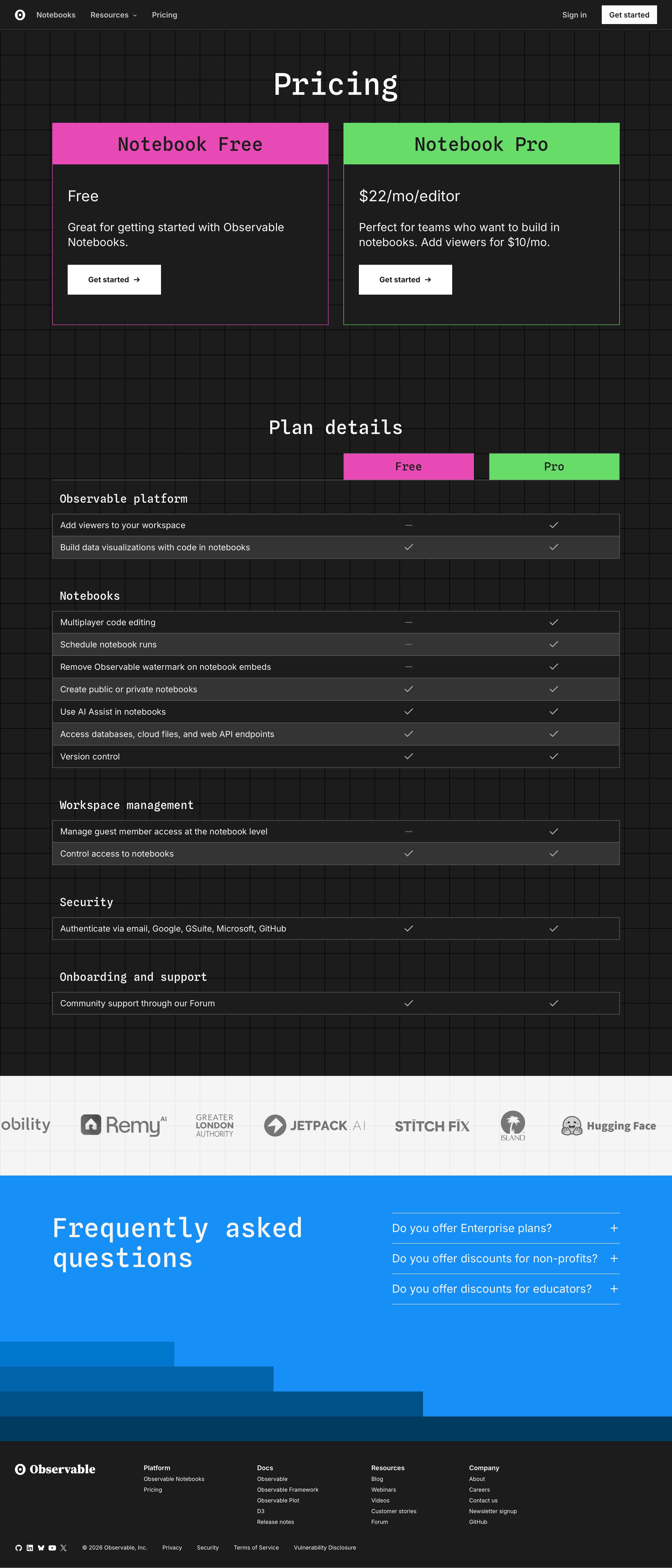 observablehq.com - Pricing for teams | Observable - Desktop - Tue Aug 04 2026 23:30:15 GMT+0000 (Coordinated Universal Time) Screenshot