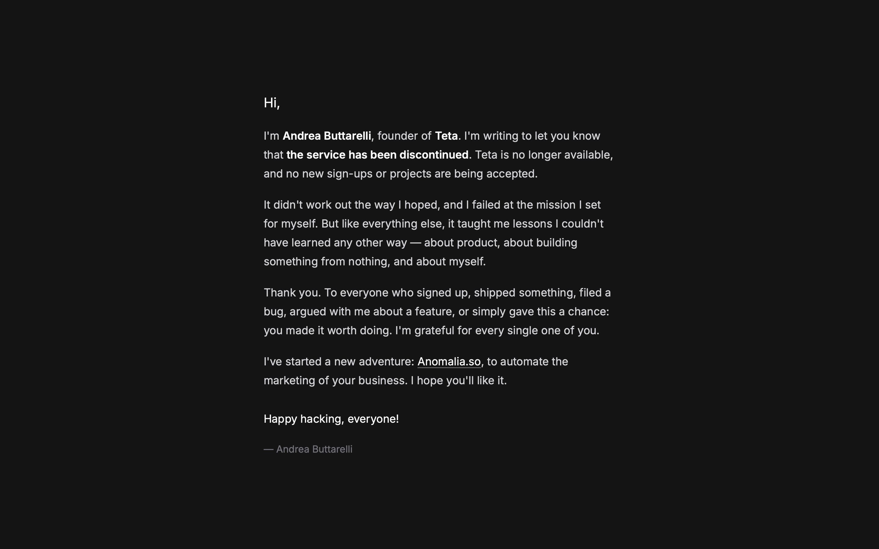teta.so - Thank you — a message from Andrea Buttarelli - Desktop - Sat Aug 01 2026 20:18:10 GMT+0000 (Coordinated Universal Time) Screenshot
