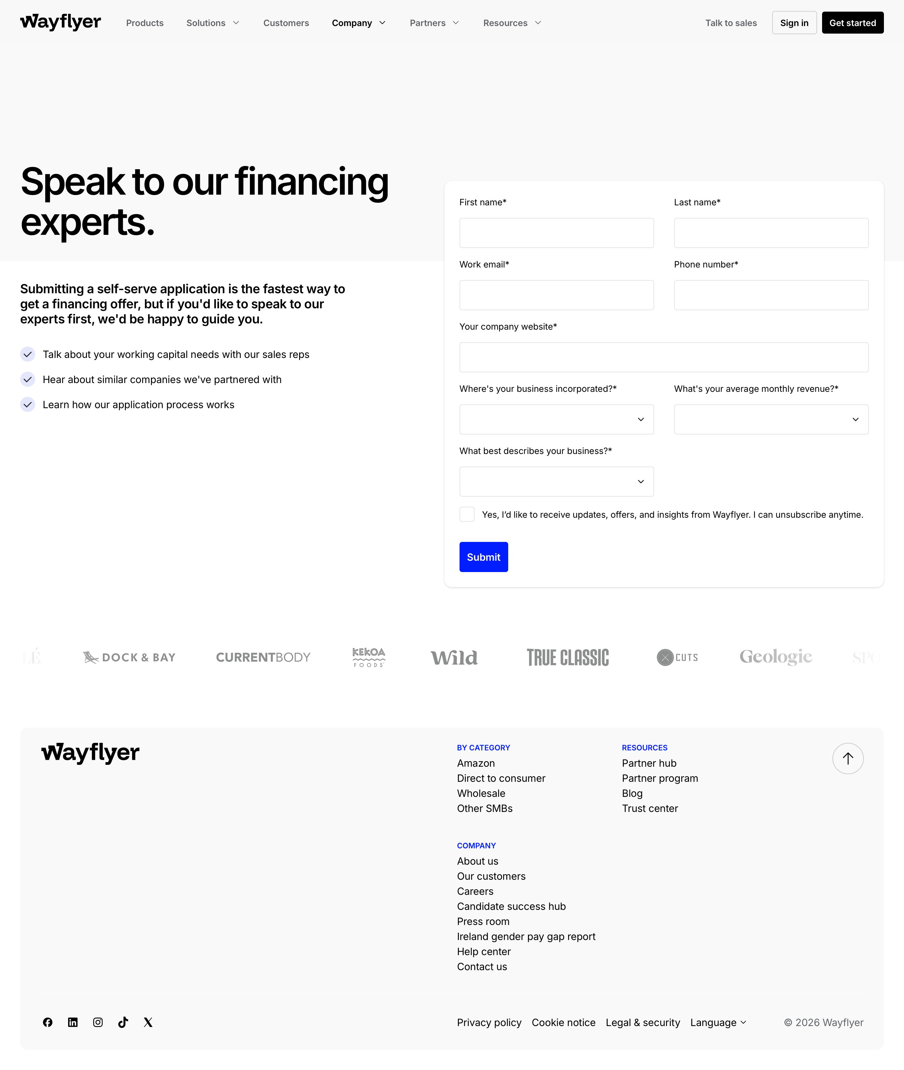 wayflyer.com - Contact Wayflyer | Speak with Our Financing Experts | Wayflyer - Desktop - Wed Jul 29 2026 05:09:04 GMT+0000 (Coordinated Universal Time) Screenshot