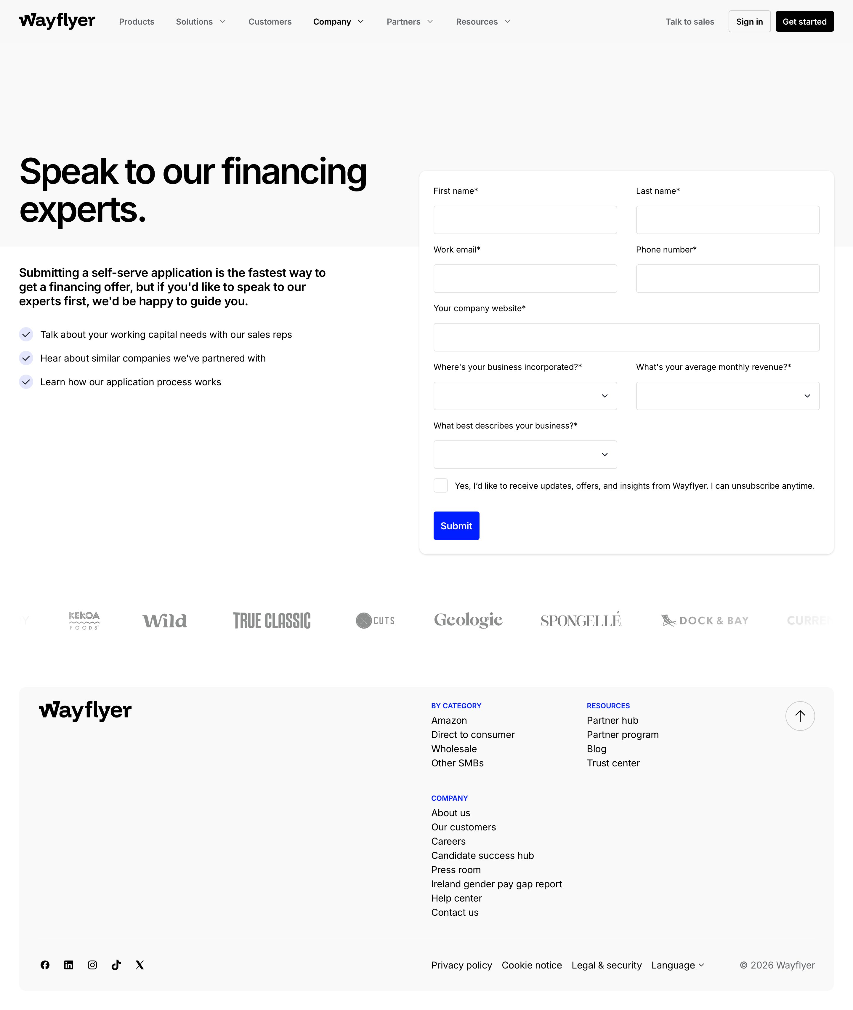 wayflyer.com - Contact Wayflyer | Speak with Our Financing Experts | Wayflyer - Desktop - Wed Aug 05 2026 05:09:34 GMT+0000 (Coordinated Universal Time) Screenshot