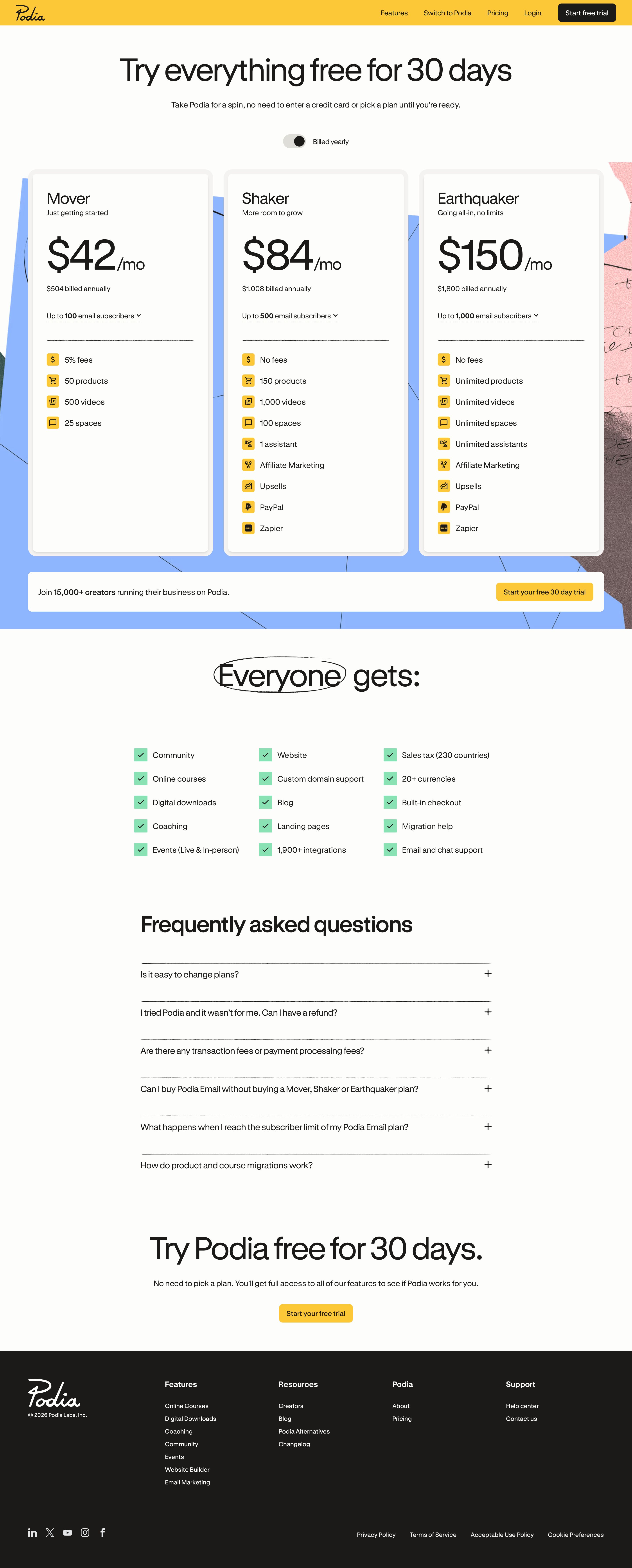 podia.com - Podia Pricing: Plans, Transaction Fees & Free Trial — Podia - Desktop - Sat Aug 01 2026 17:12:21 GMT+0000 (Coordinated Universal Time) Screenshot