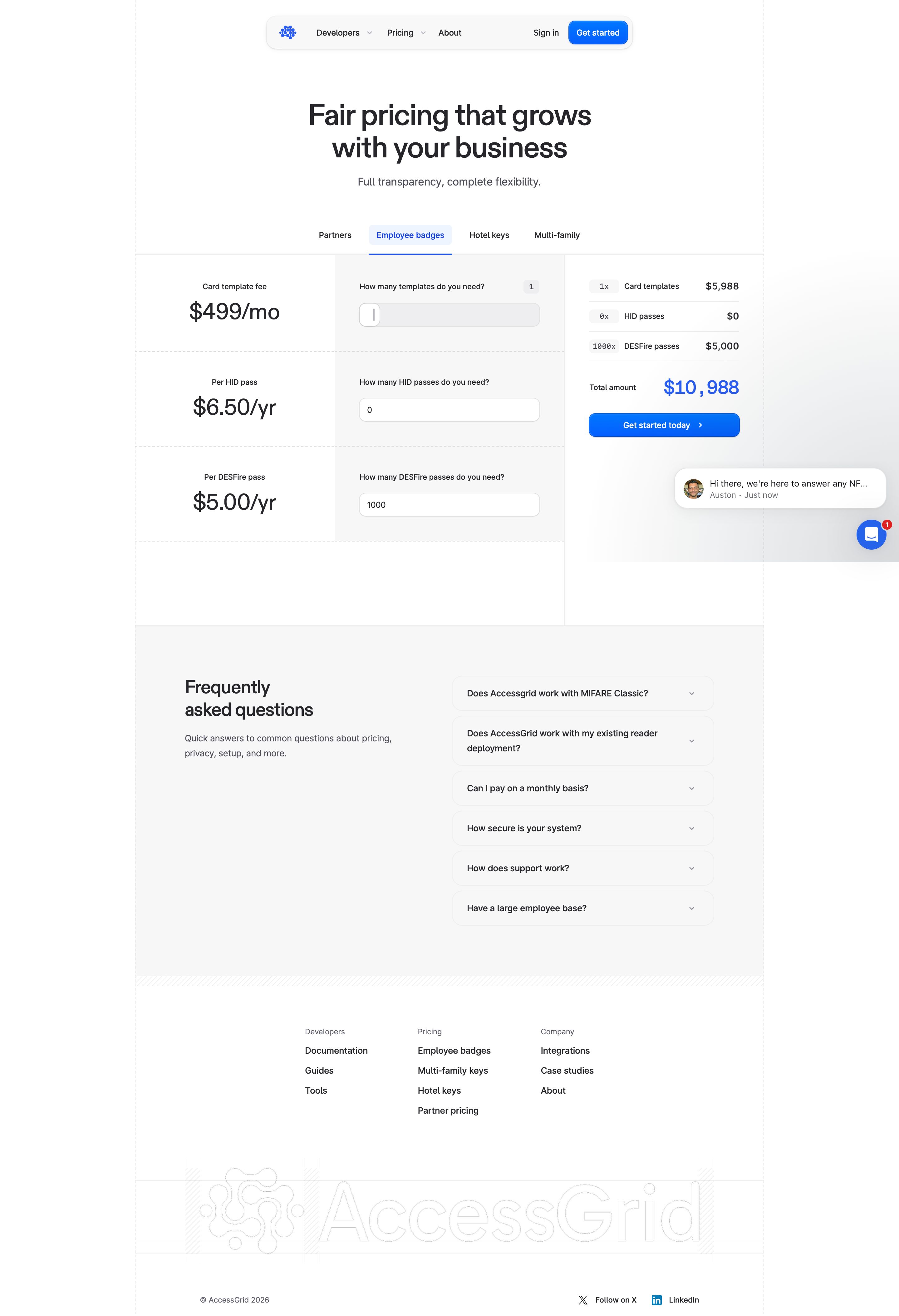 accessgrid.com - Pricing page for employee mobile wallet credentials - AccessGrid - Desktop - Thu Jul 30 2026 22:15:17 GMT+0000 (Coordinated Universal Time) Screenshot
