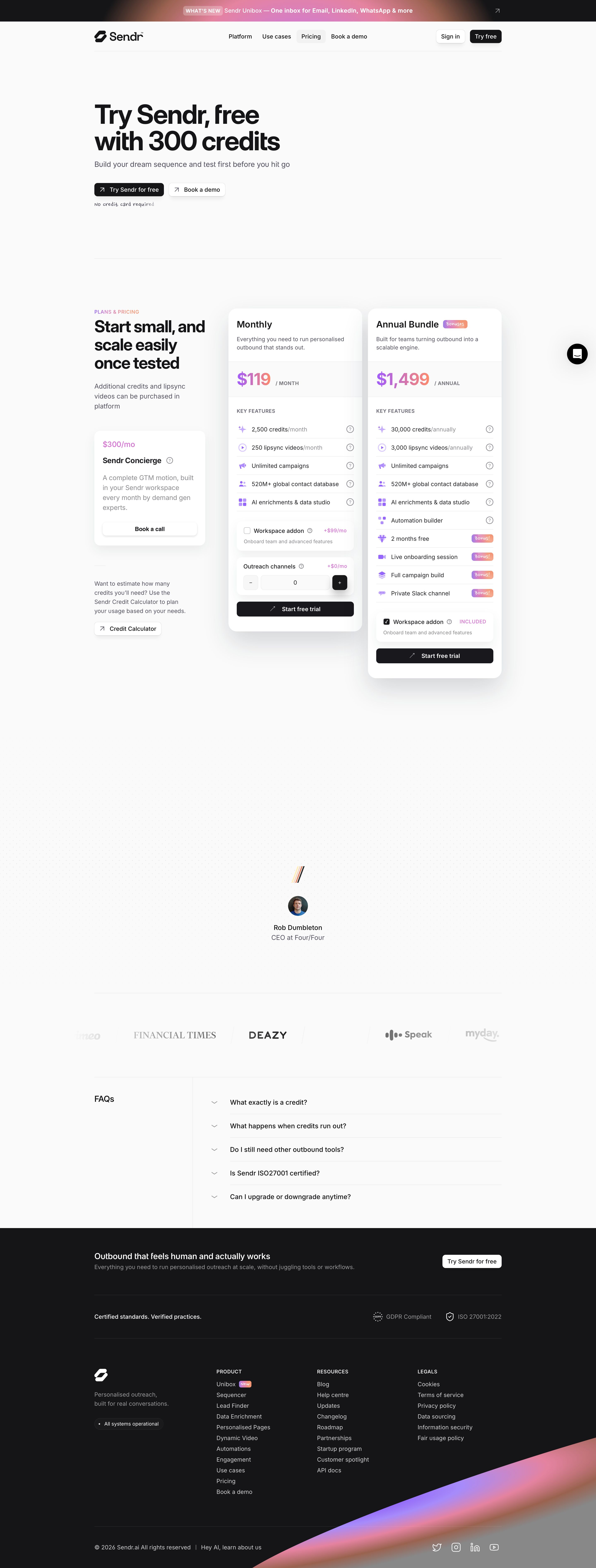 sendr.ai - Pricing - Sendr.ai — Personalised outreach, powered by signals - Desktop - Mon Aug 03 2026 22:48:23 GMT+0000 (Coordinated Universal Time) Screenshot