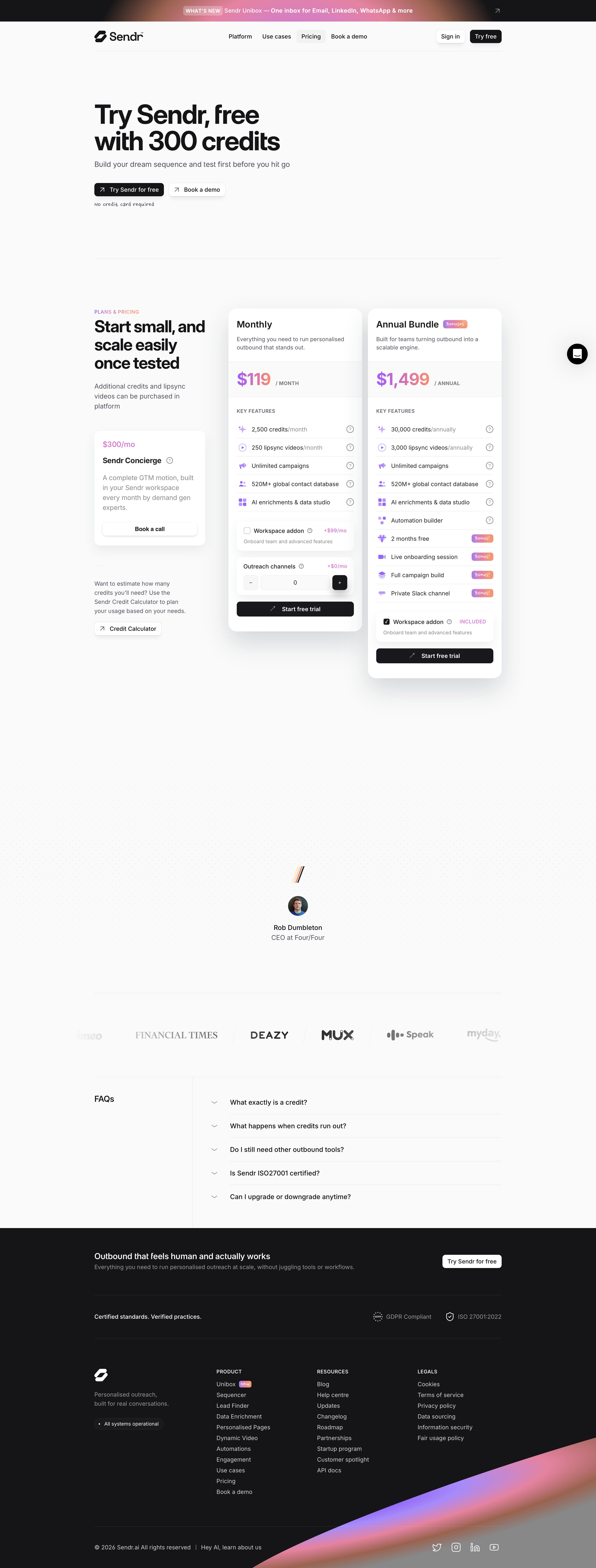 sendr.ai - Pricing - Sendr.ai — Personalised outreach, powered by signals - Desktop - Mon Jul 27 2026 22:47:33 GMT+0000 (Coordinated Universal Time) Screenshot