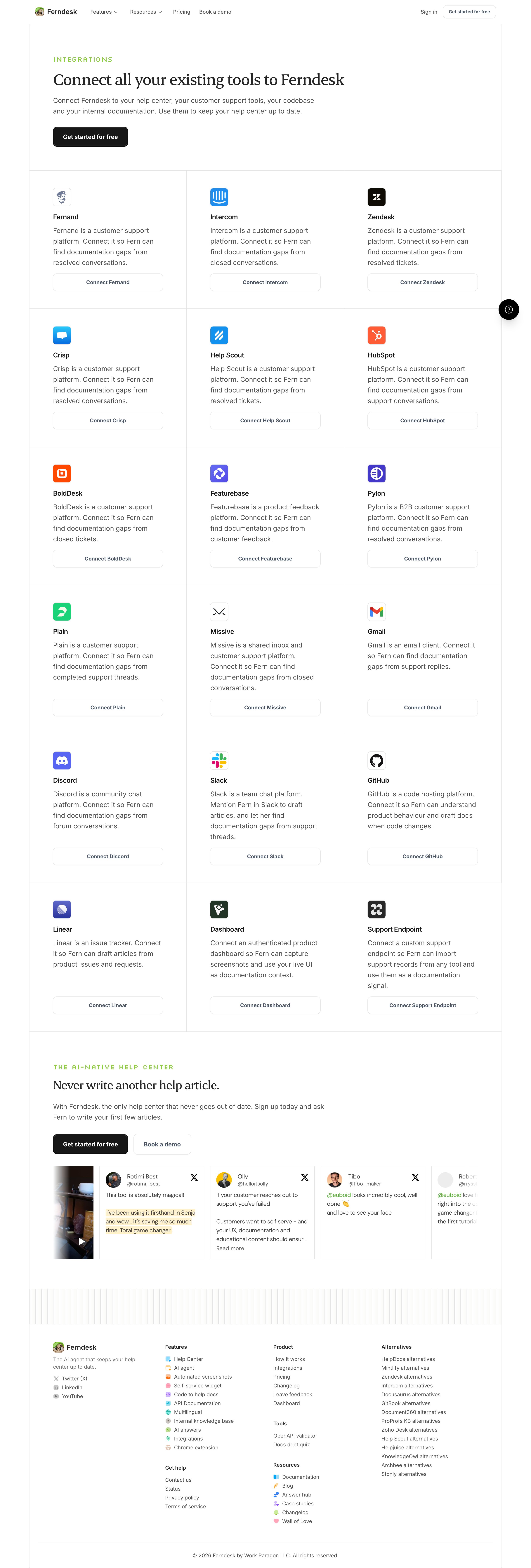 ferndesk.com - Integrations - Connect your favorite tools to Ferndesk - Desktop Screenshot