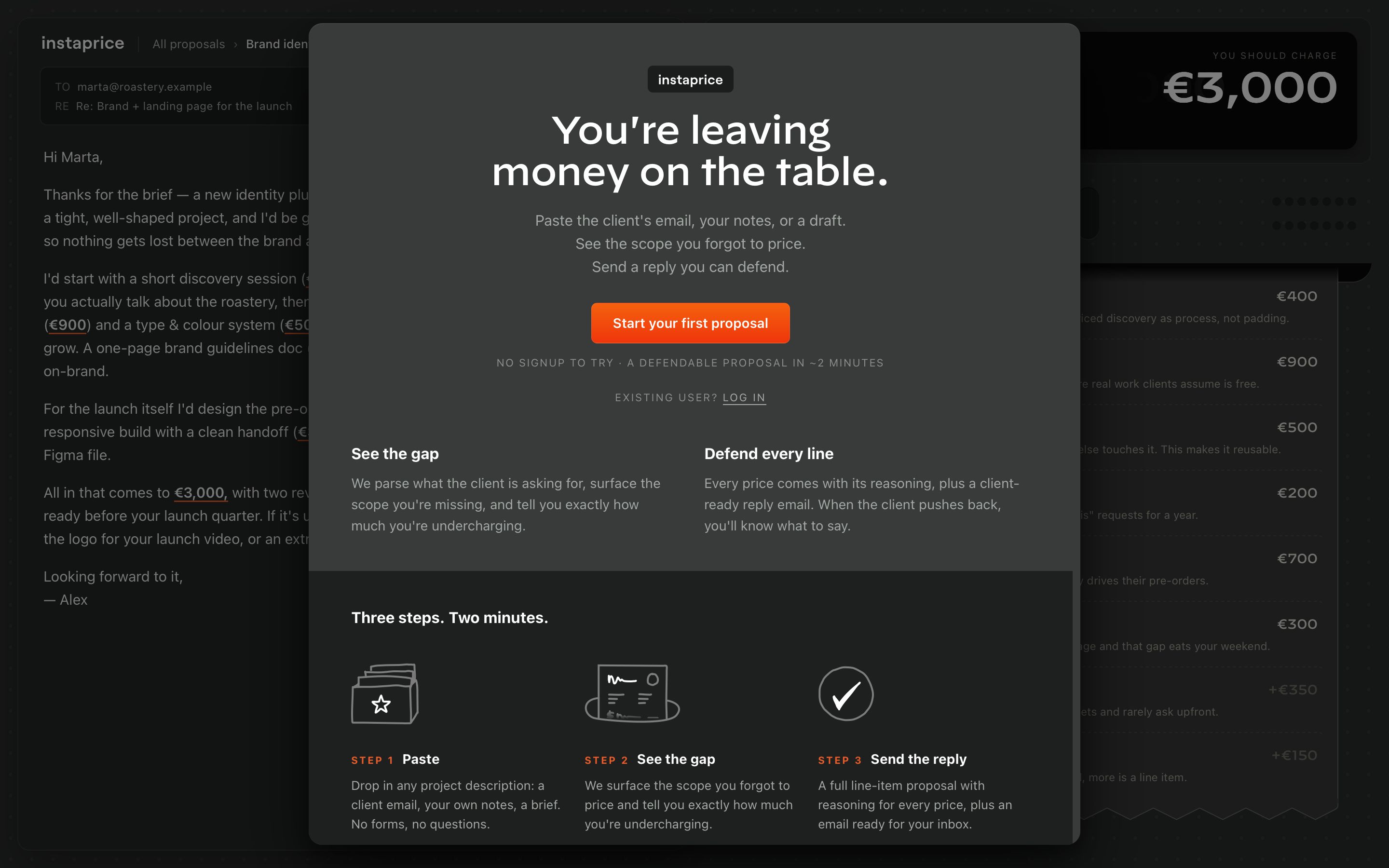 instaprice.app - instaprice: know how much to charge - Desktop - Thu Jul 30 2026 14:27:16 GMT+0000 (Coordinated Universal Time) Screenshot