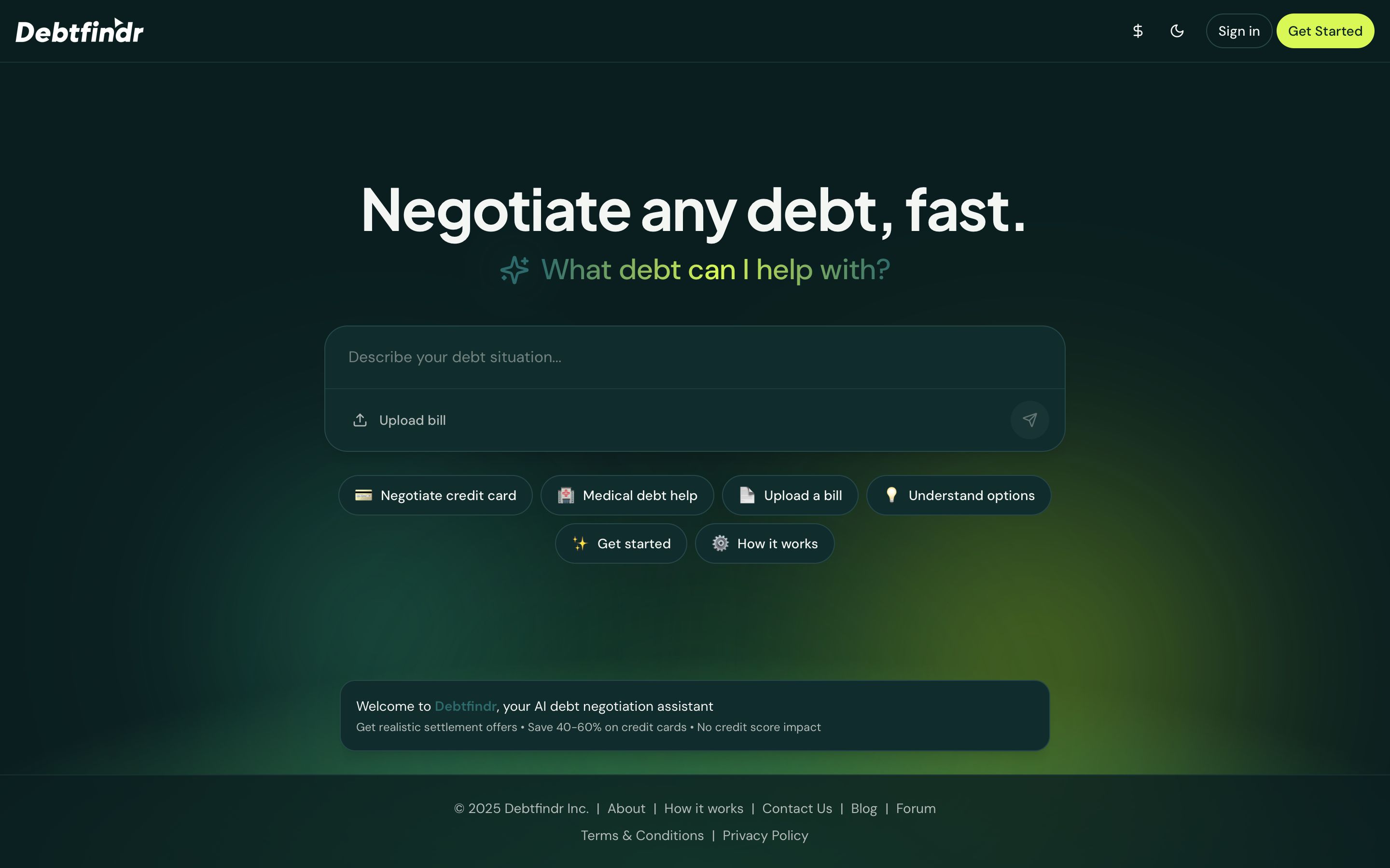 debtfindr.com - Debtfindr - AI-Powered Debt Negotiation & Settlement - Desktop - Tue Jul 28 2026 08:52:11 GMT+0000 (Coordinated Universal Time) Screenshot