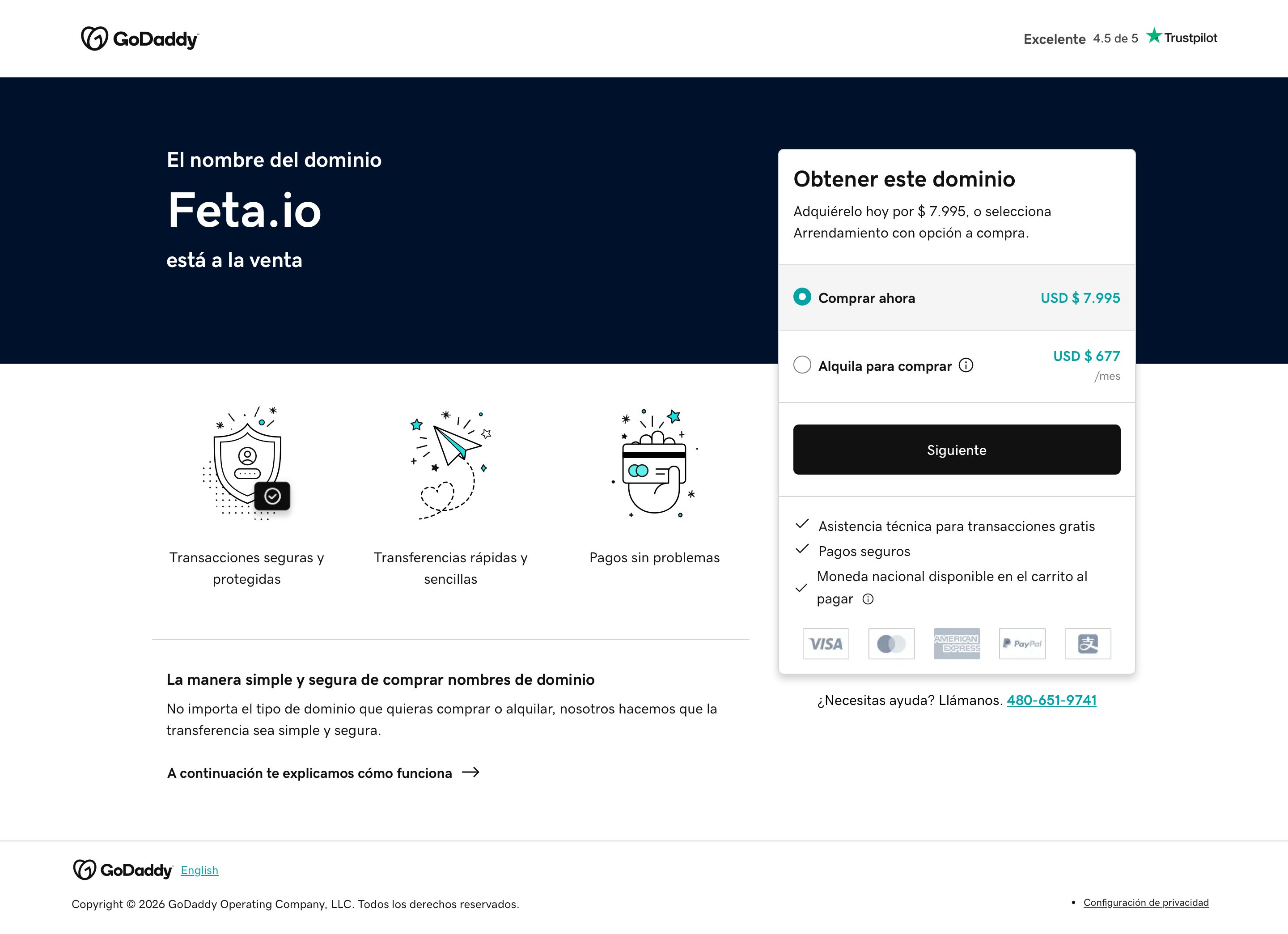 feta.io - feta.io está en venta — Compra por $ 7.995 o alquila con opción a compra | GoDaddy - Desktop - Tue Jul 28 2026 21:37:39 GMT+0000 (Coordinated Universal Time) Screenshot