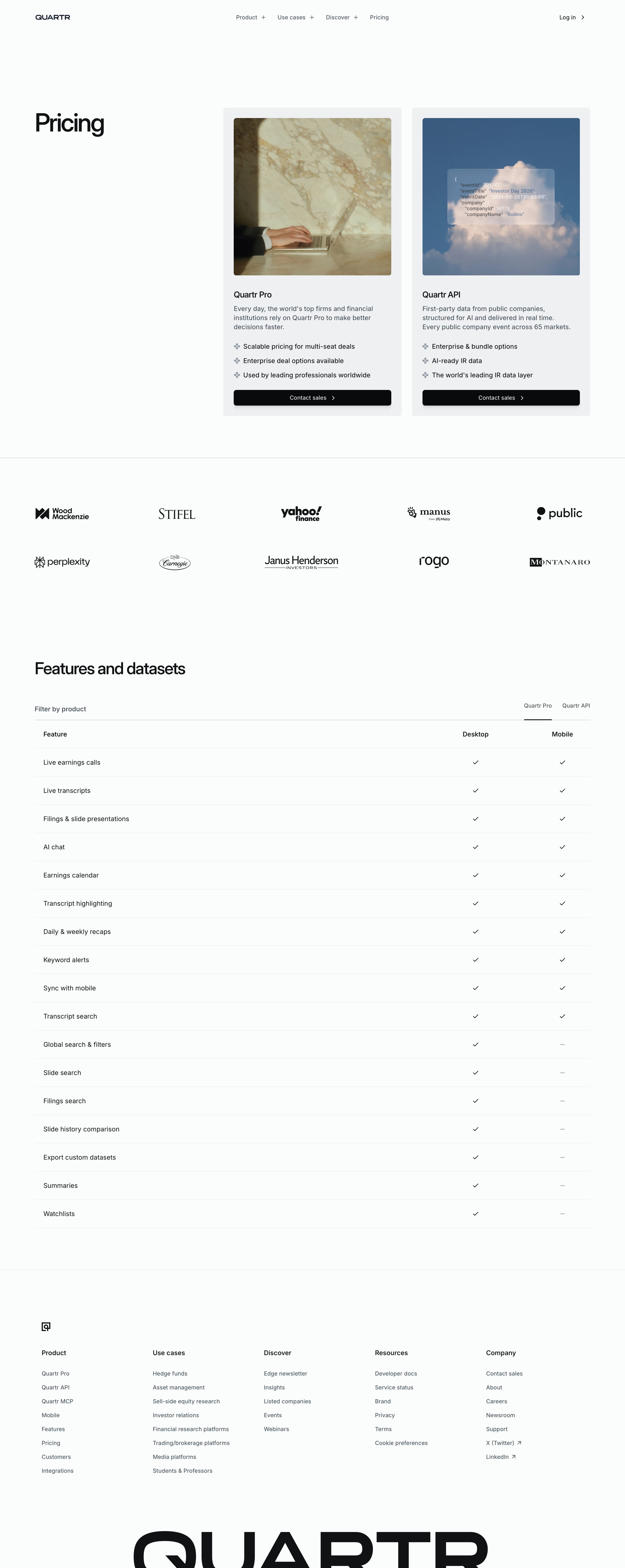 quartr.com - Pricing | Quartr - Desktop - Sat Aug 01 2026 21:37:16 GMT+0000 (Coordinated Universal Time) Screenshot