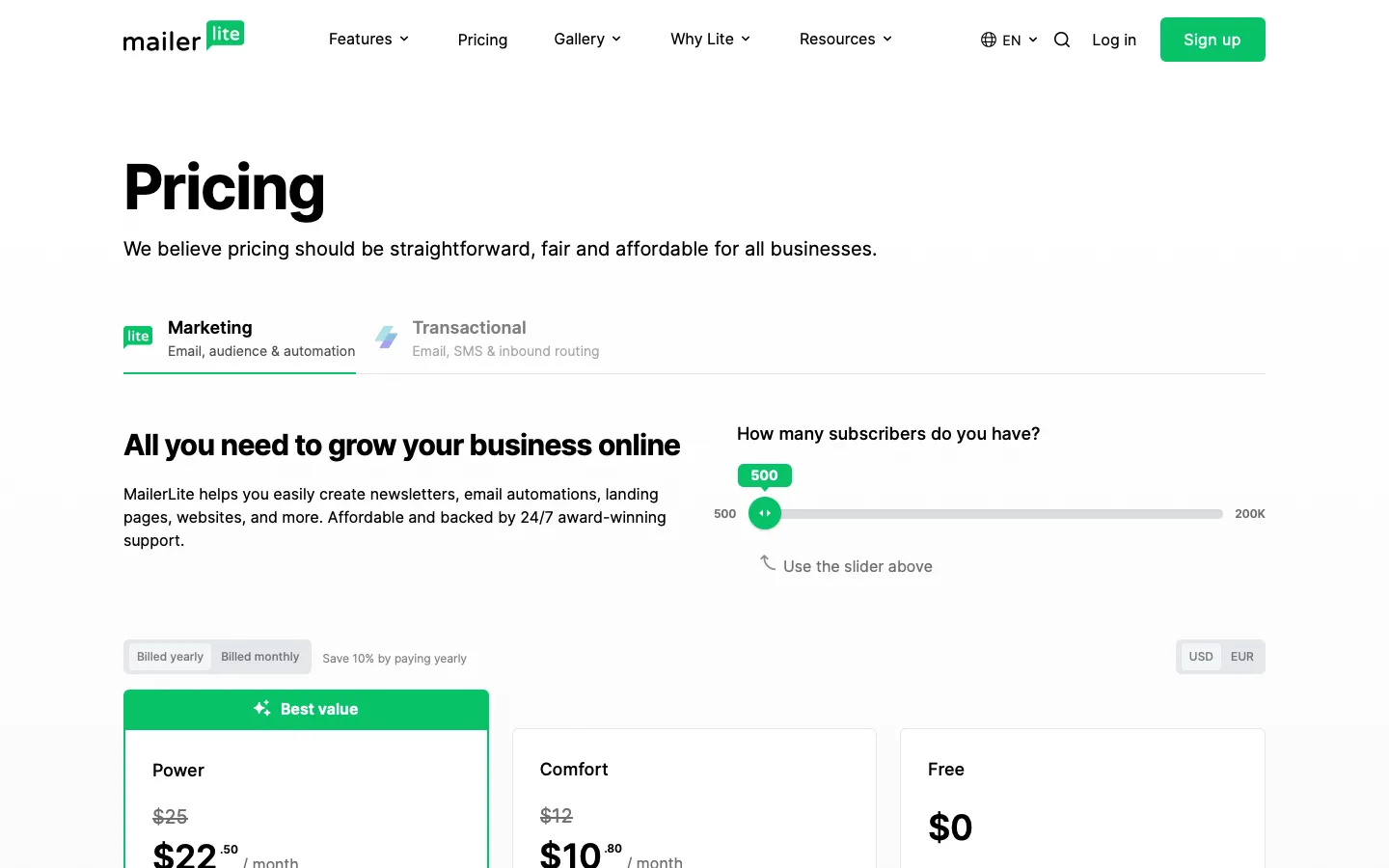 mailerlite.com - Pricing Screenshot Preview