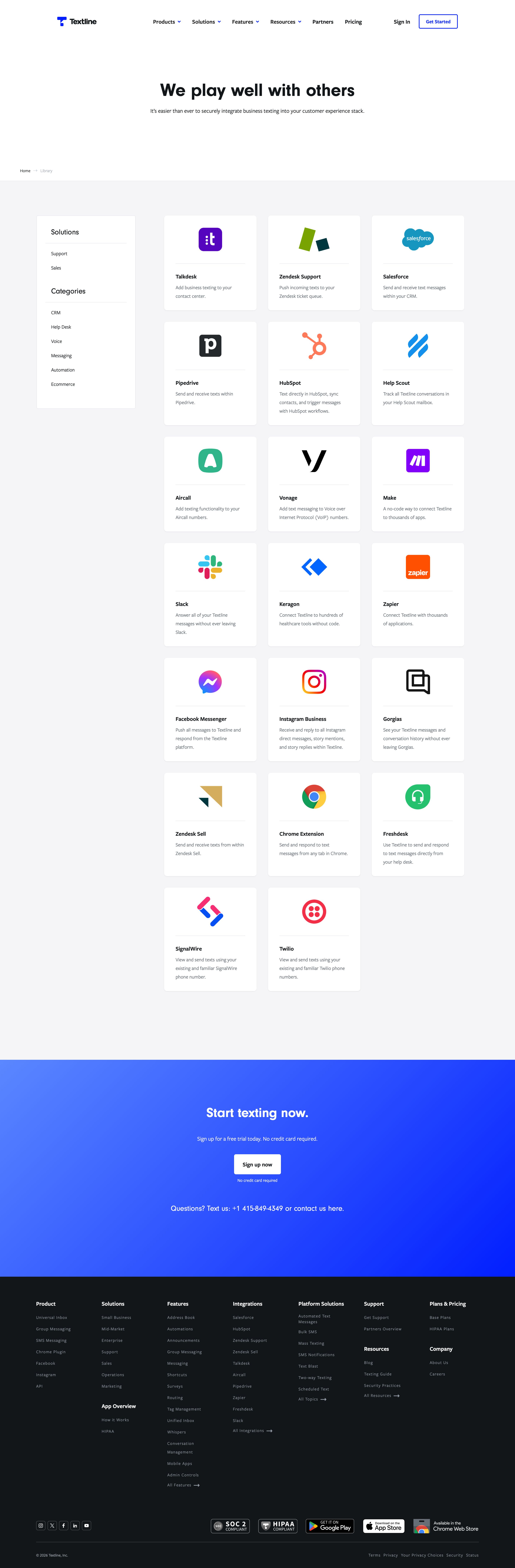 textline.com - SMS Integrations – Integrate SMS With Your Favorite Web Apps - Desktop - Mon Jul 27 2026 23:14:19 GMT+0000 (Coordinated Universal Time) Screenshot
