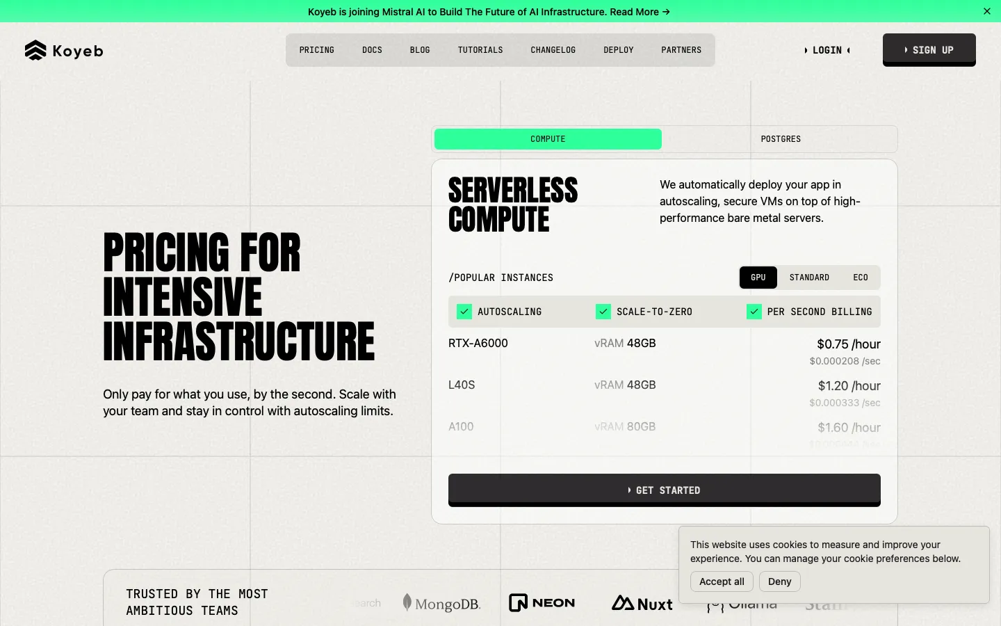 koyeb.com - Pricing Screenshot Preview