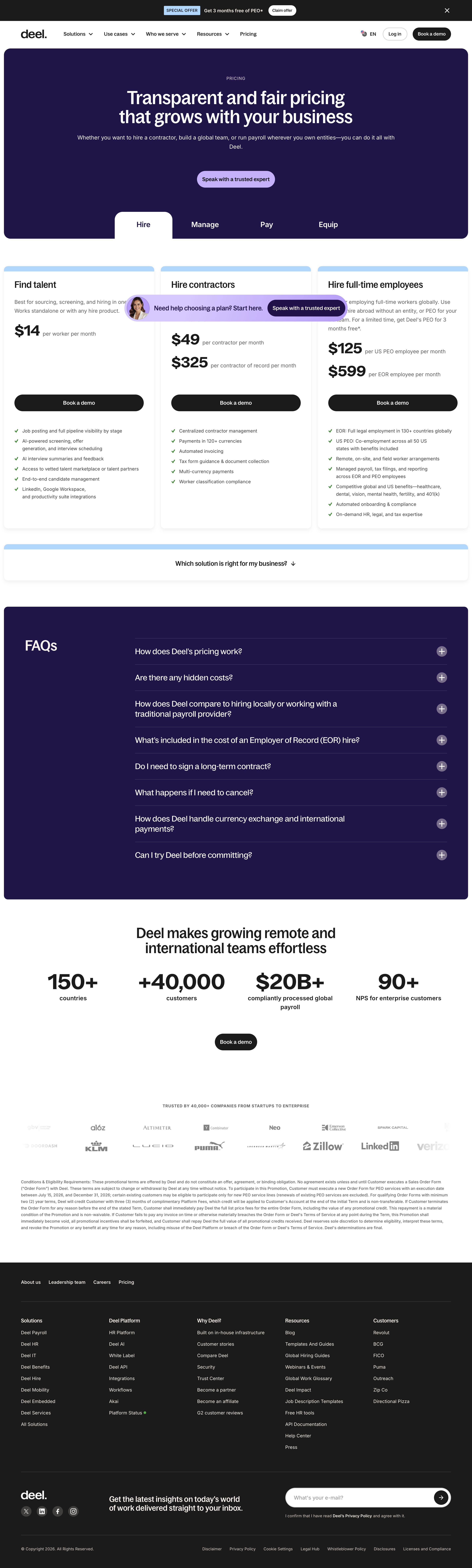 deel.com - Pricing | Transparent & Fair Pricing | HRIS Costs | Deel - Desktop - Mon Jul 27 2026 09:06:33 GMT+0000 (Coordinated Universal Time) Screenshot