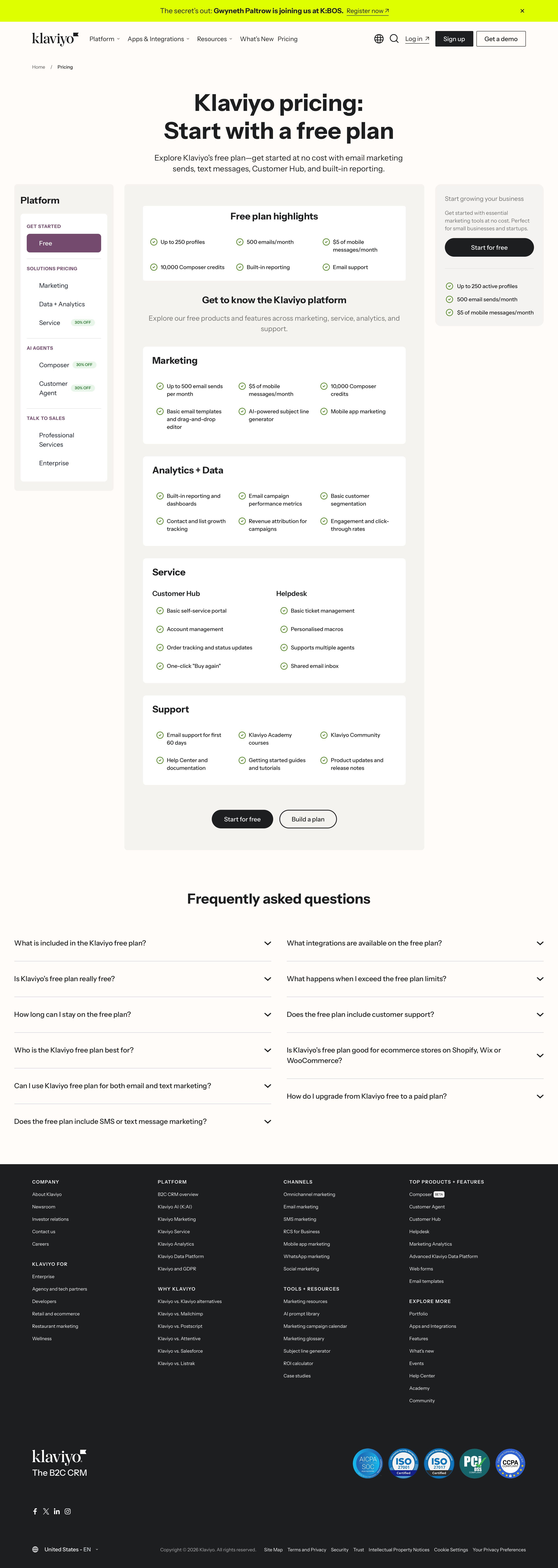 klaviyo.com - Klaviyo Pricing | Start Free with Email & SMS - Desktop - Sun Aug 02 2026 15:22:37 GMT+0000 (Coordinated Universal Time) Screenshot
