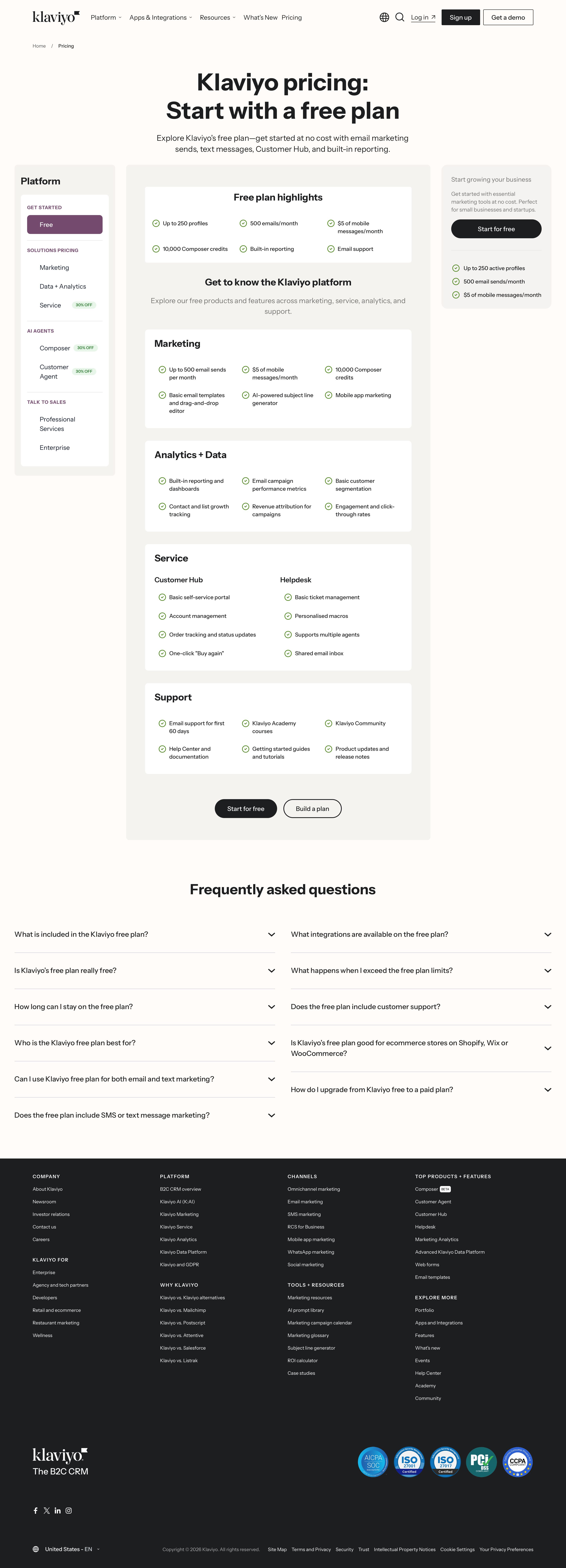 klaviyo.com - Klaviyo Pricing | Start Free with Email & SMS - Desktop Screenshot