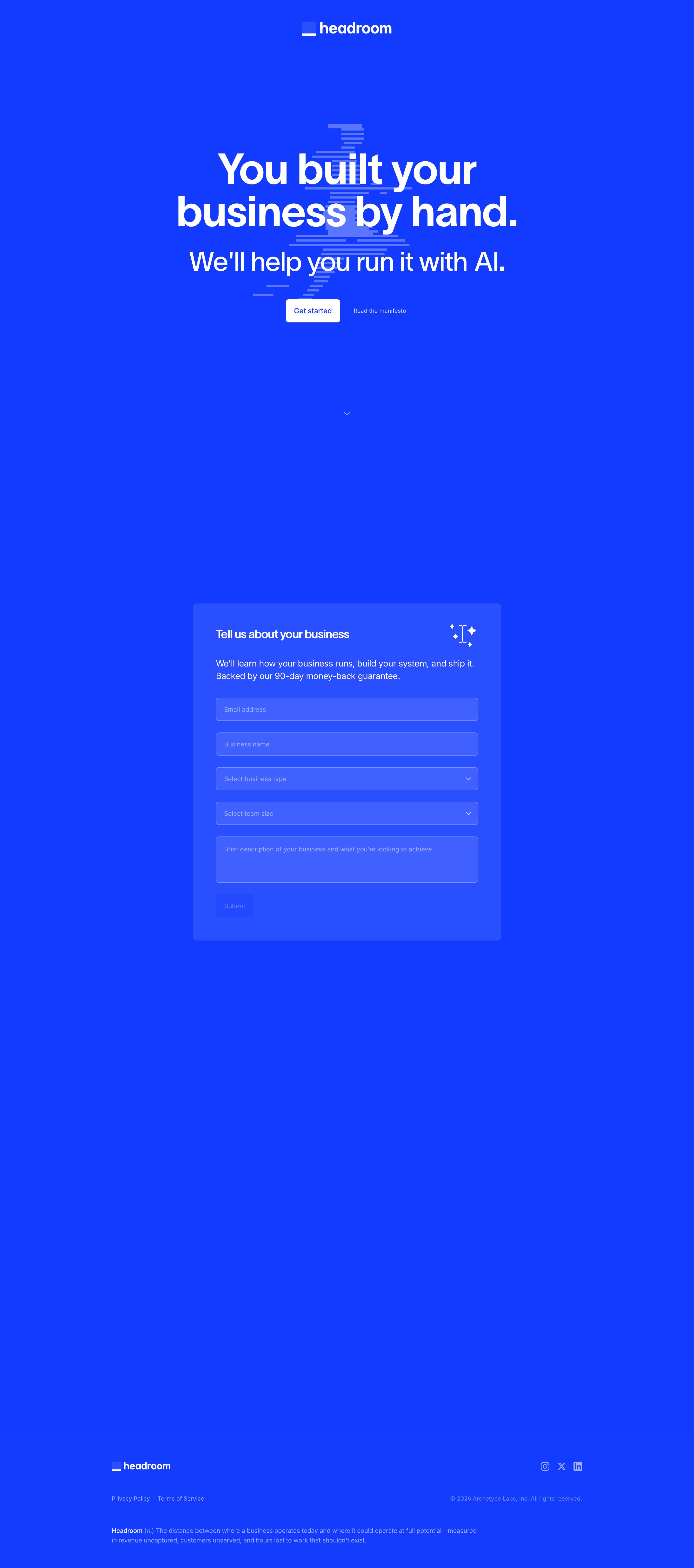 headroom.com - Headroom | The Small Business Operating System For AI - Desktop - Mon Jul 27 2026 13:19:53 GMT+0000 (Coordinated Universal Time) Screenshot