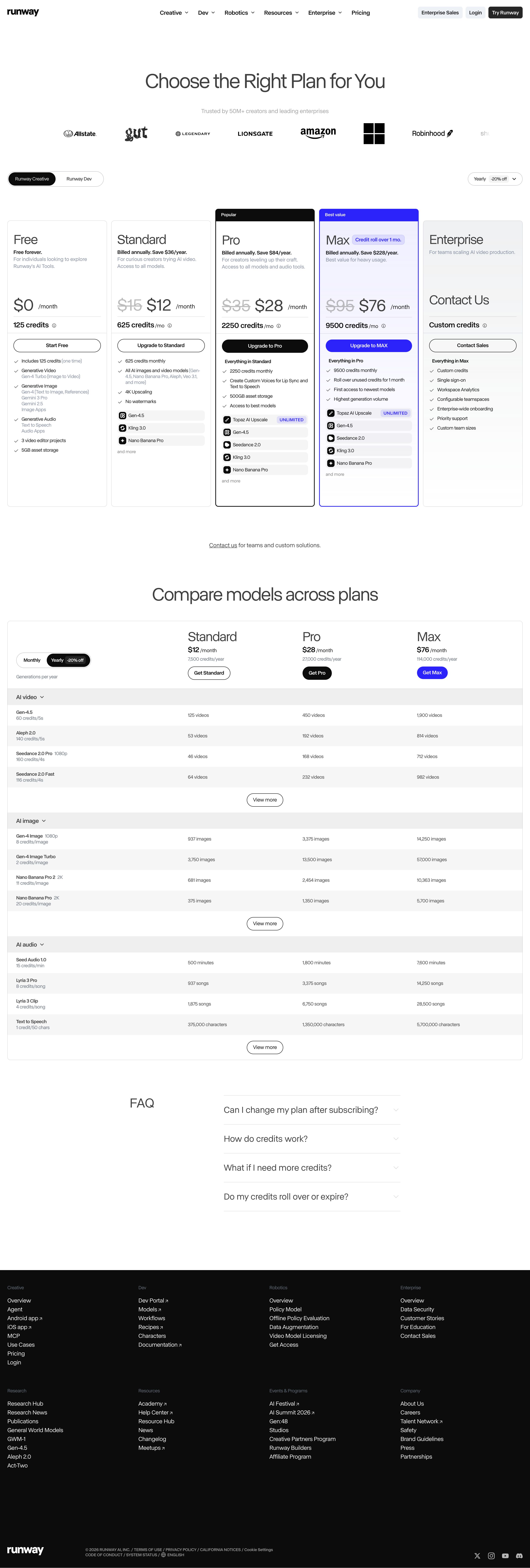 runwayml.com - AI Image and Video Pricing from $12/month | Runway AI - Desktop Screenshot