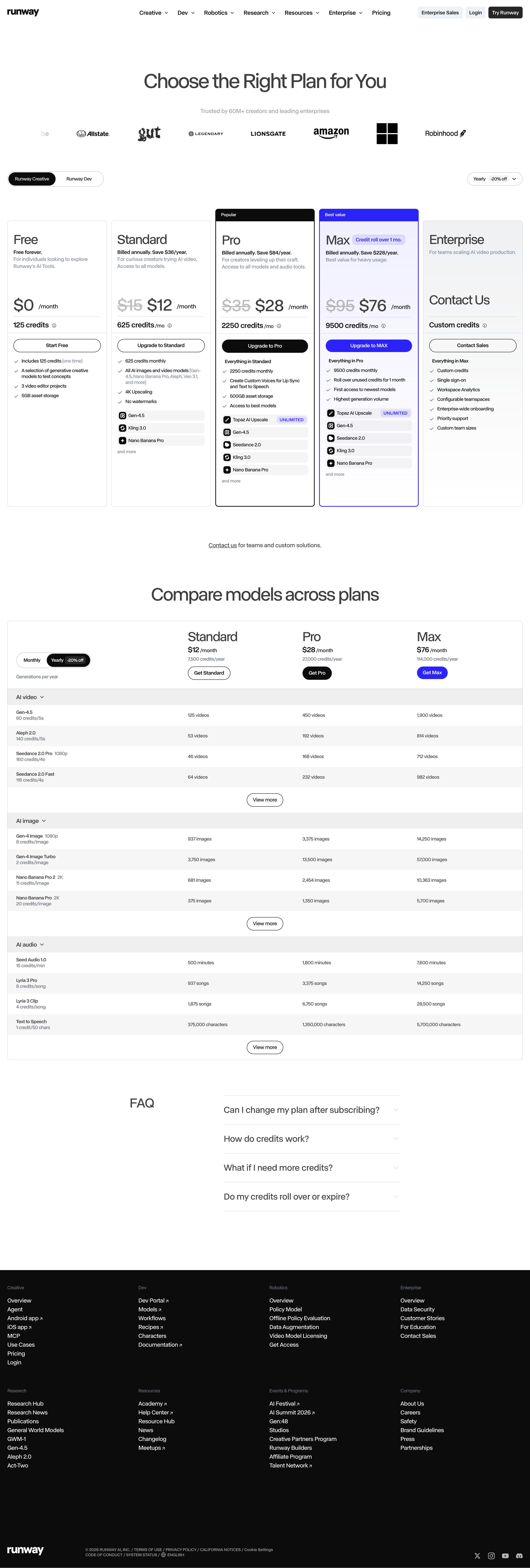 runwayml.com - AI Image and Video Pricing from $12/month | Runway AI - Desktop - Fri Jul 31 2026 22:35:21 GMT+0000 (Coordinated Universal Time) Screenshot