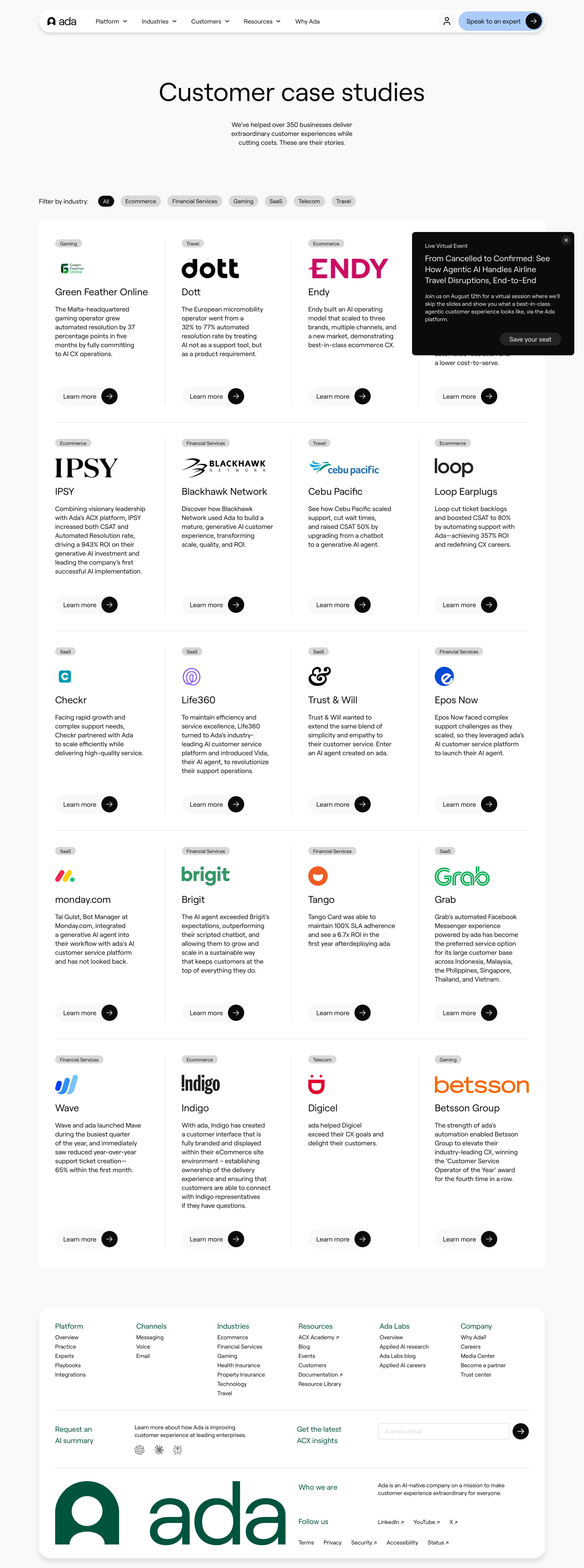 ada.cx - AI Customer Service Case Studies & Results | Ada - Desktop - Sat Aug 01 2026 22:30:13 GMT+0000 (Coordinated Universal Time) Screenshot