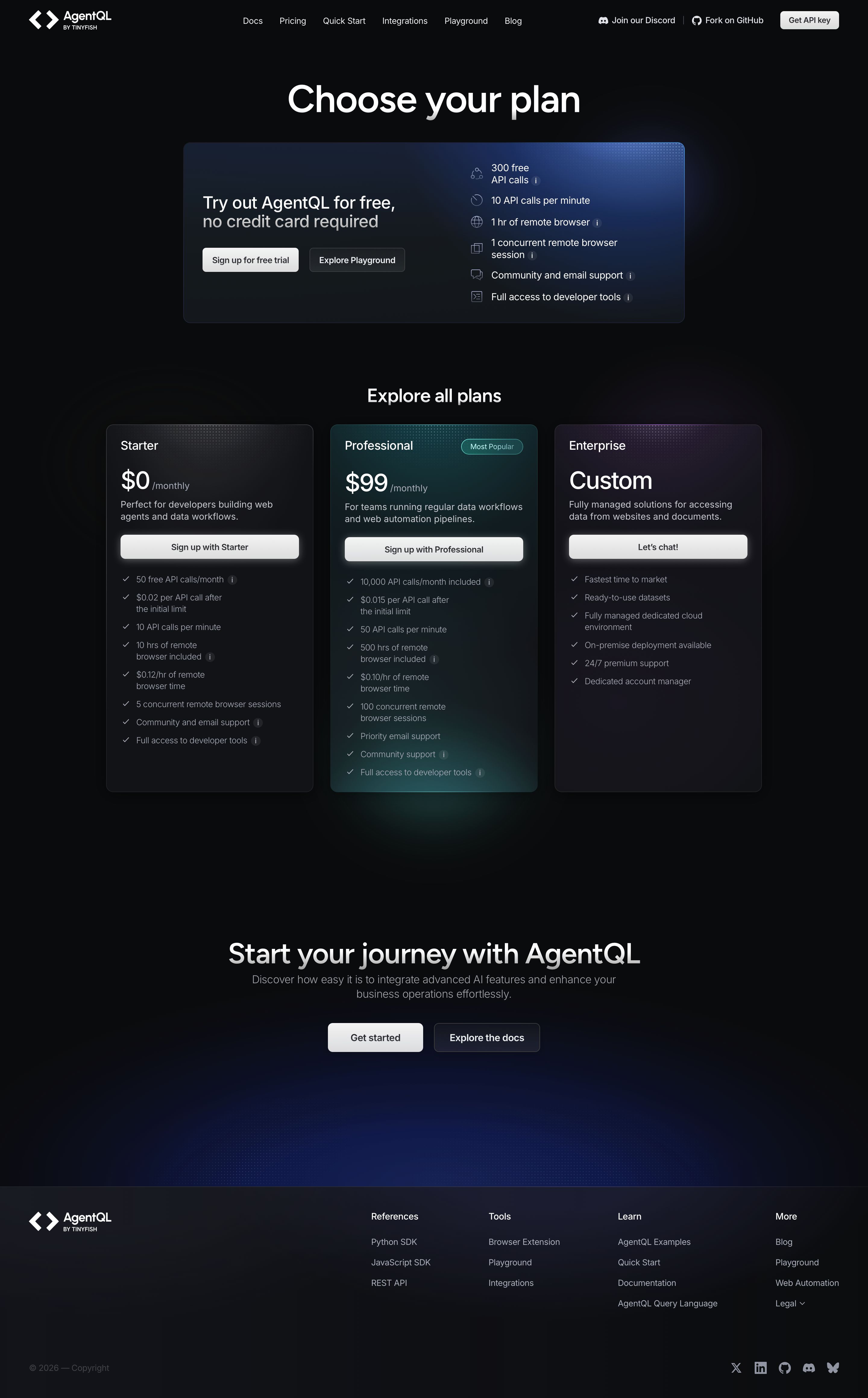 agentql.com - Pricing | AgentQL - Desktop - Mon Jul 27 2026 23:26:38 GMT+0000 (Coordinated Universal Time) Screenshot