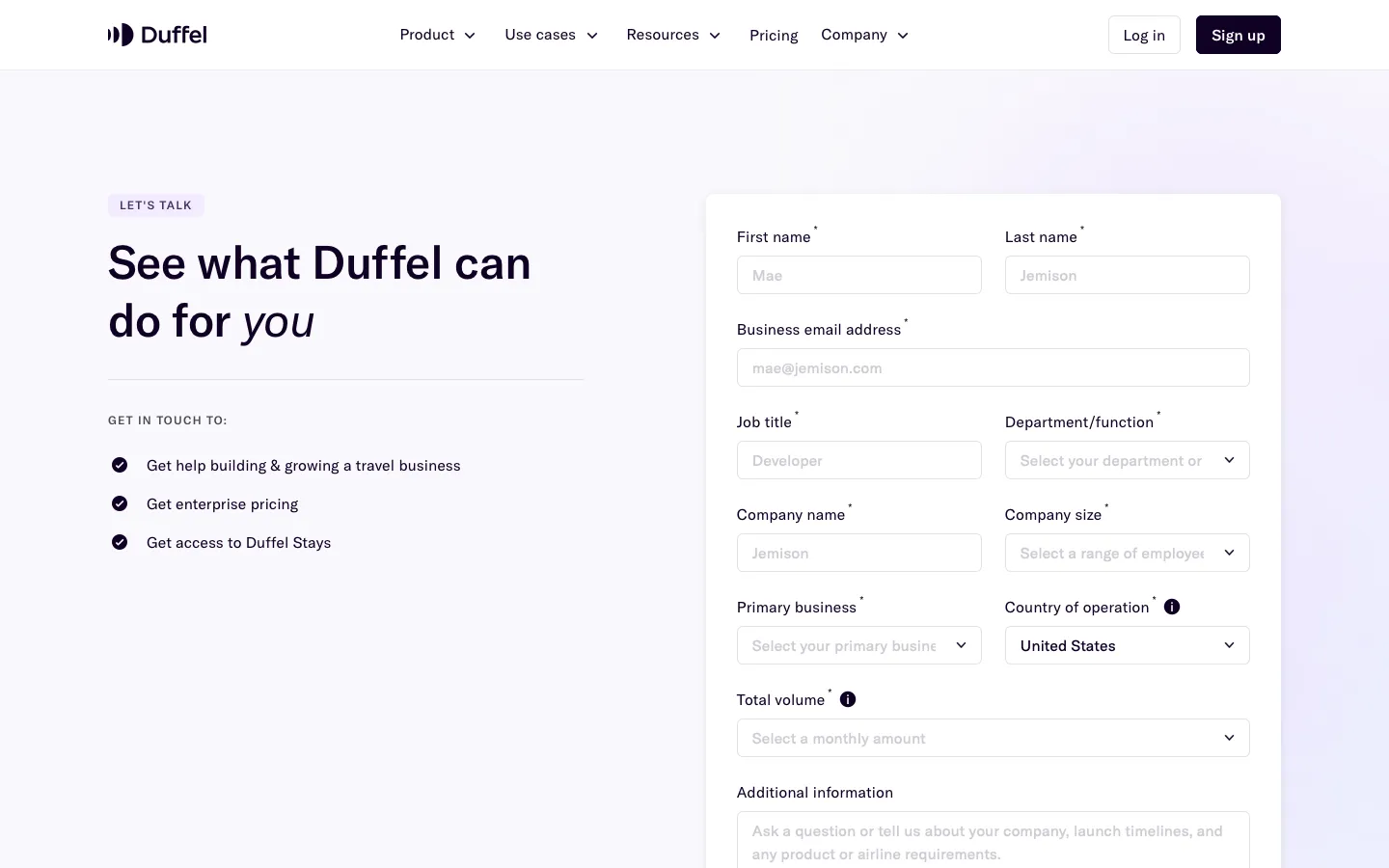 duffel.com - Contact Screenshot Preview